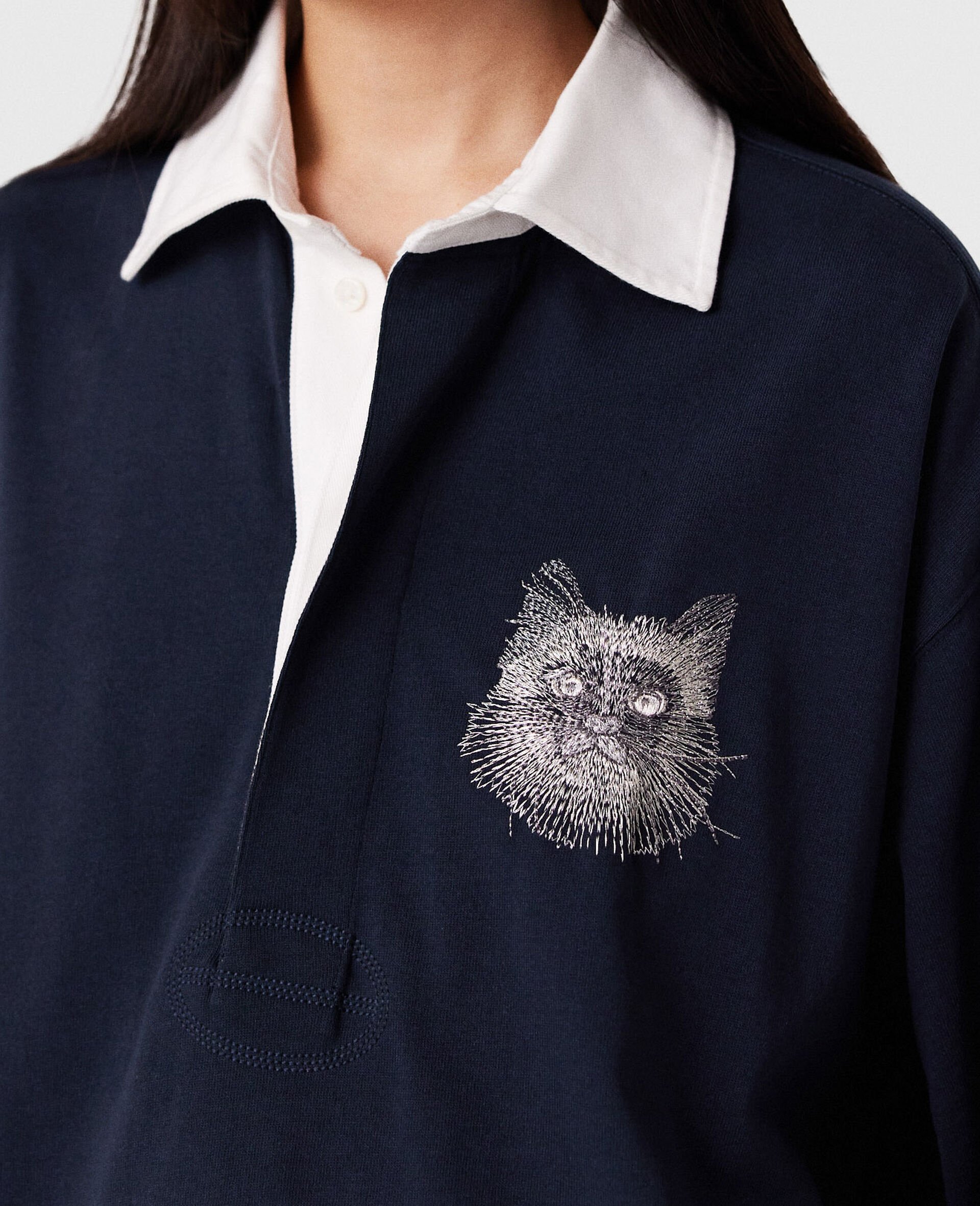 Cat-Embroidered Sweatshirt Dress-Blue-model