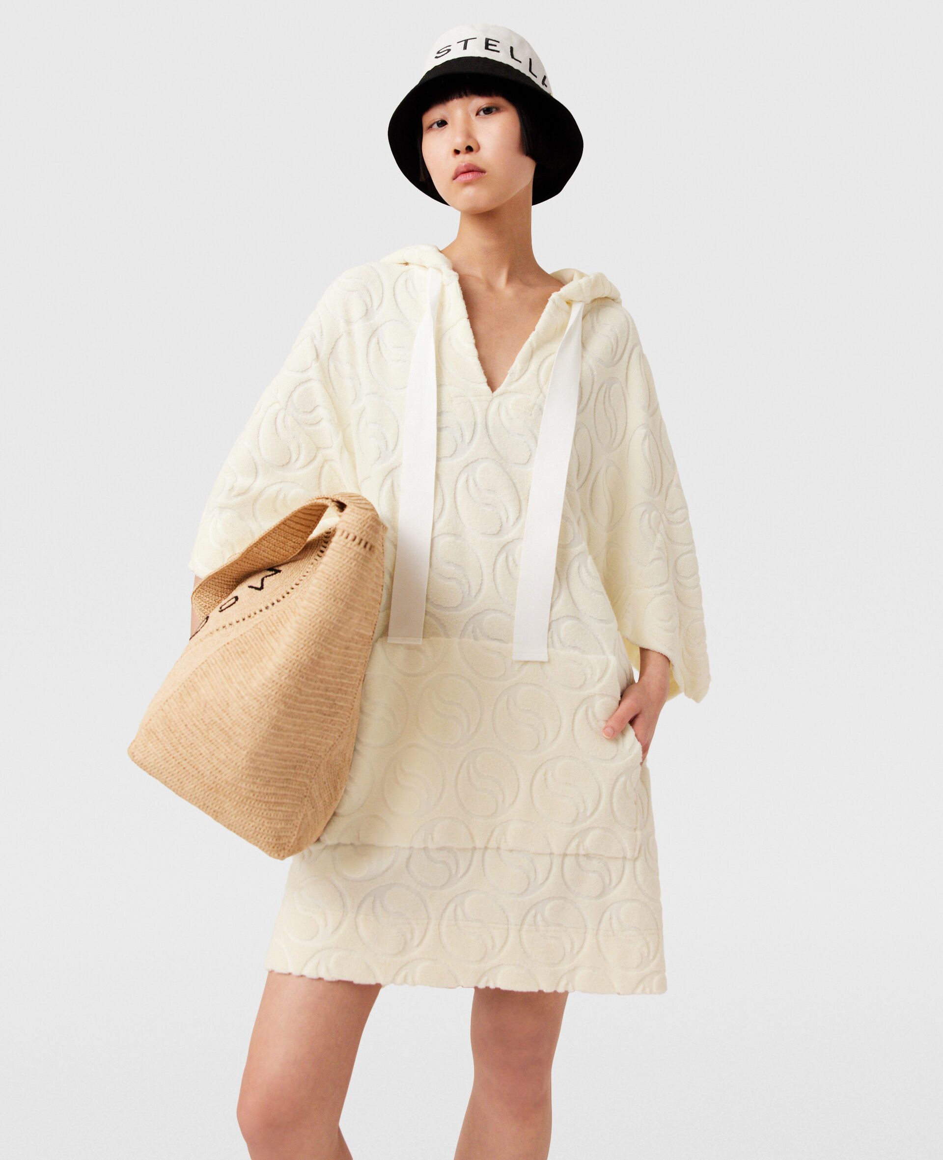 Toweling Hooded Mini Dress-Beige-model