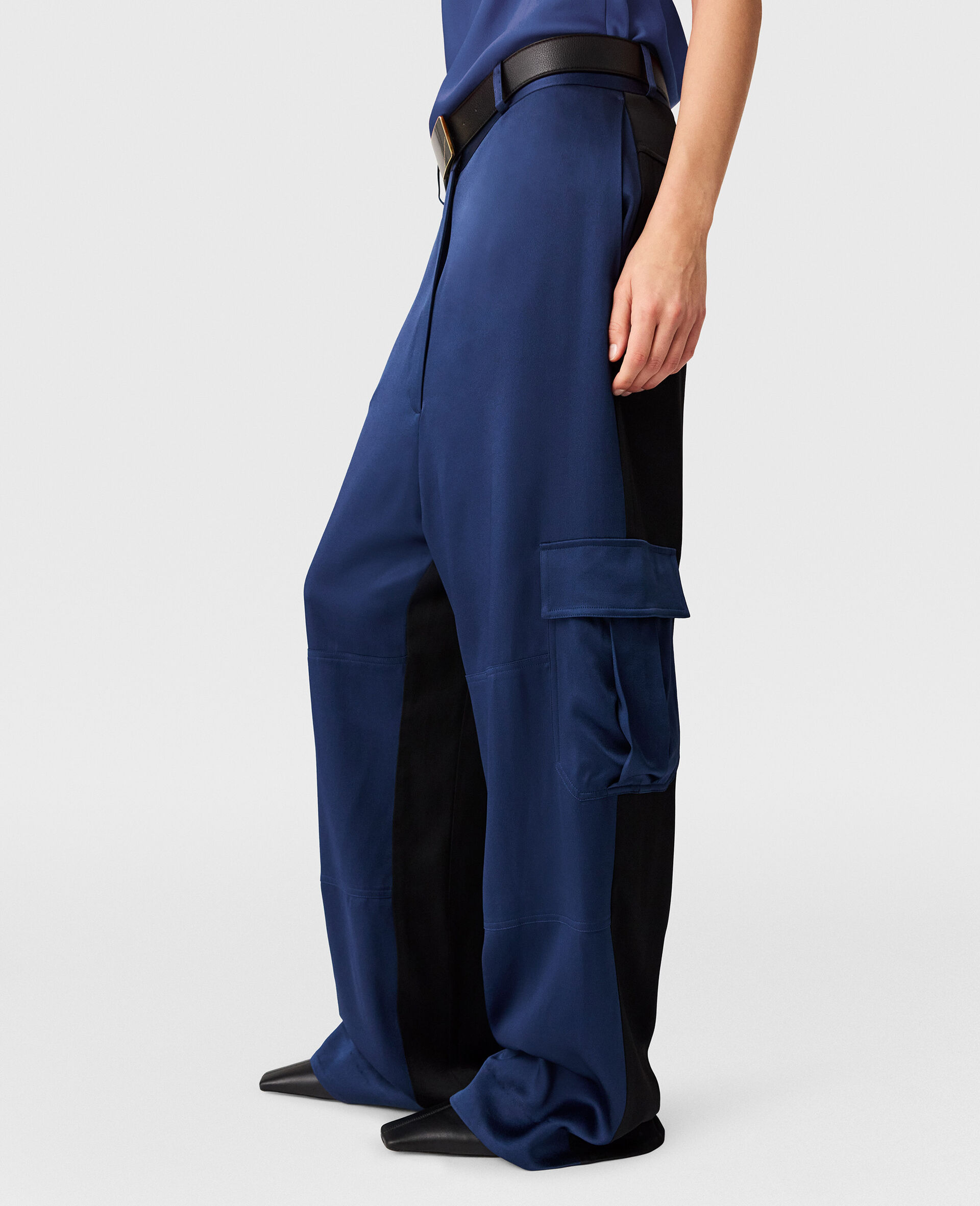 Oversized Satin Cargo Trousers-Blue-large image number 3