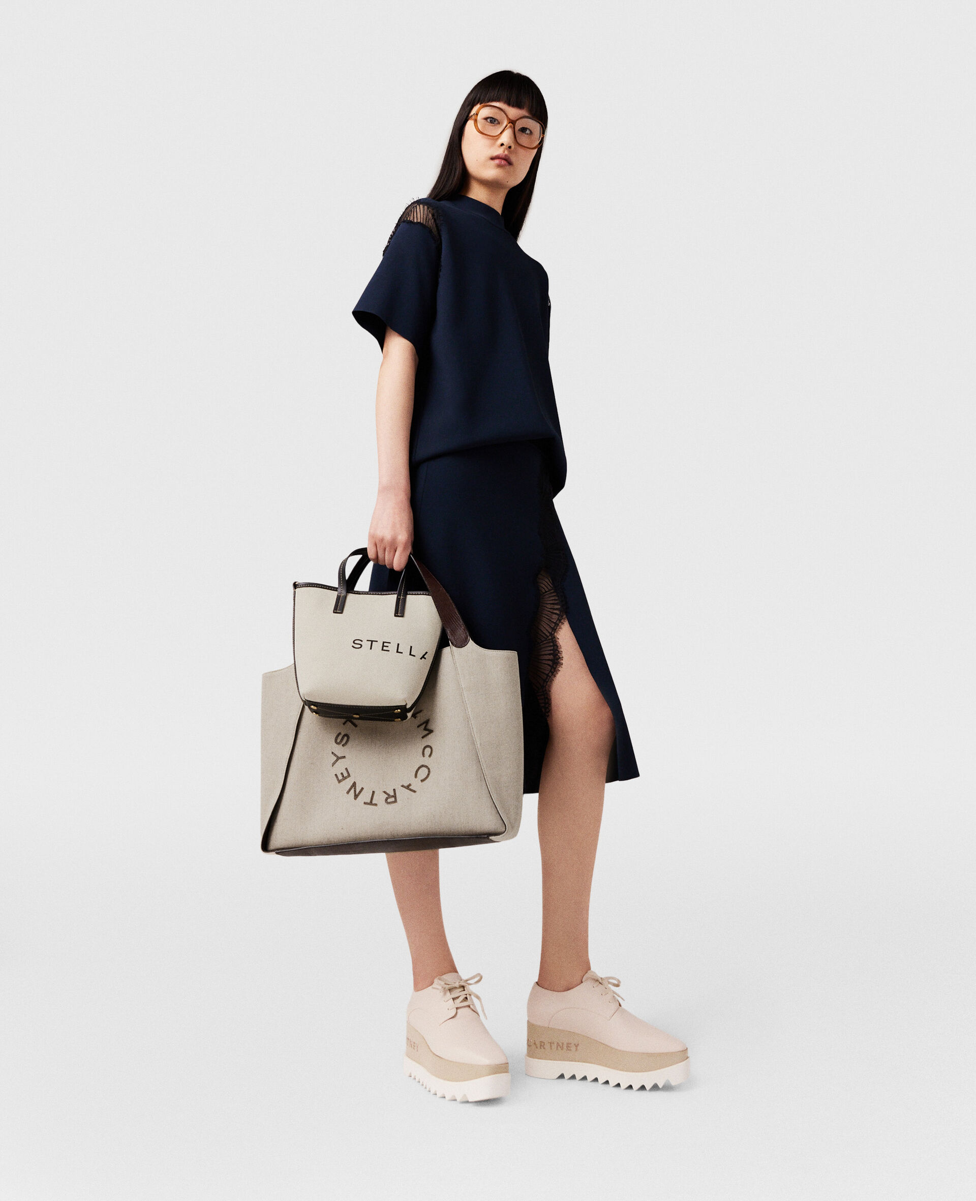 Logo Canvas Crossbody Tote Bag-Cream-model