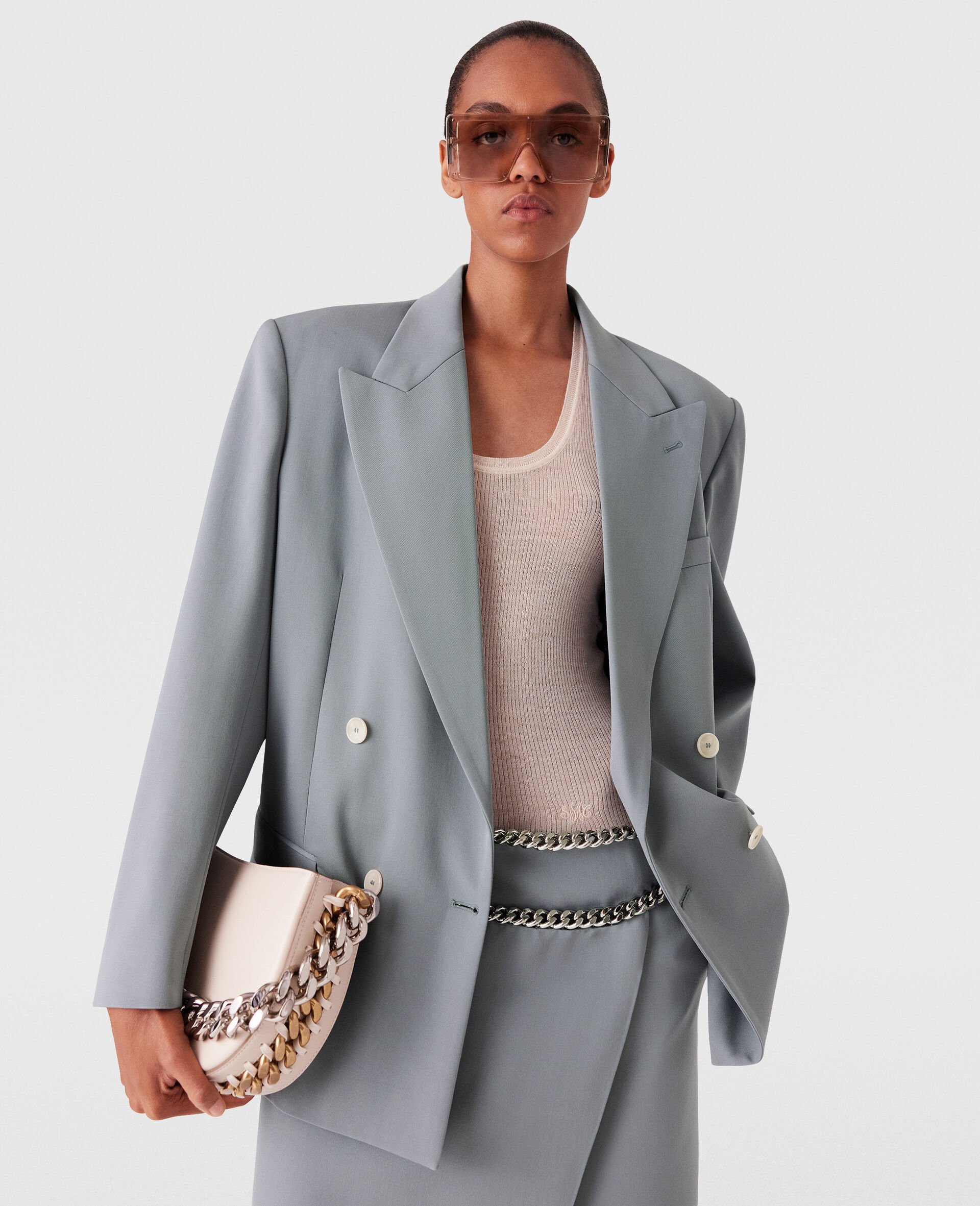 Oversized Double-Breasted Blazer-Grey-model