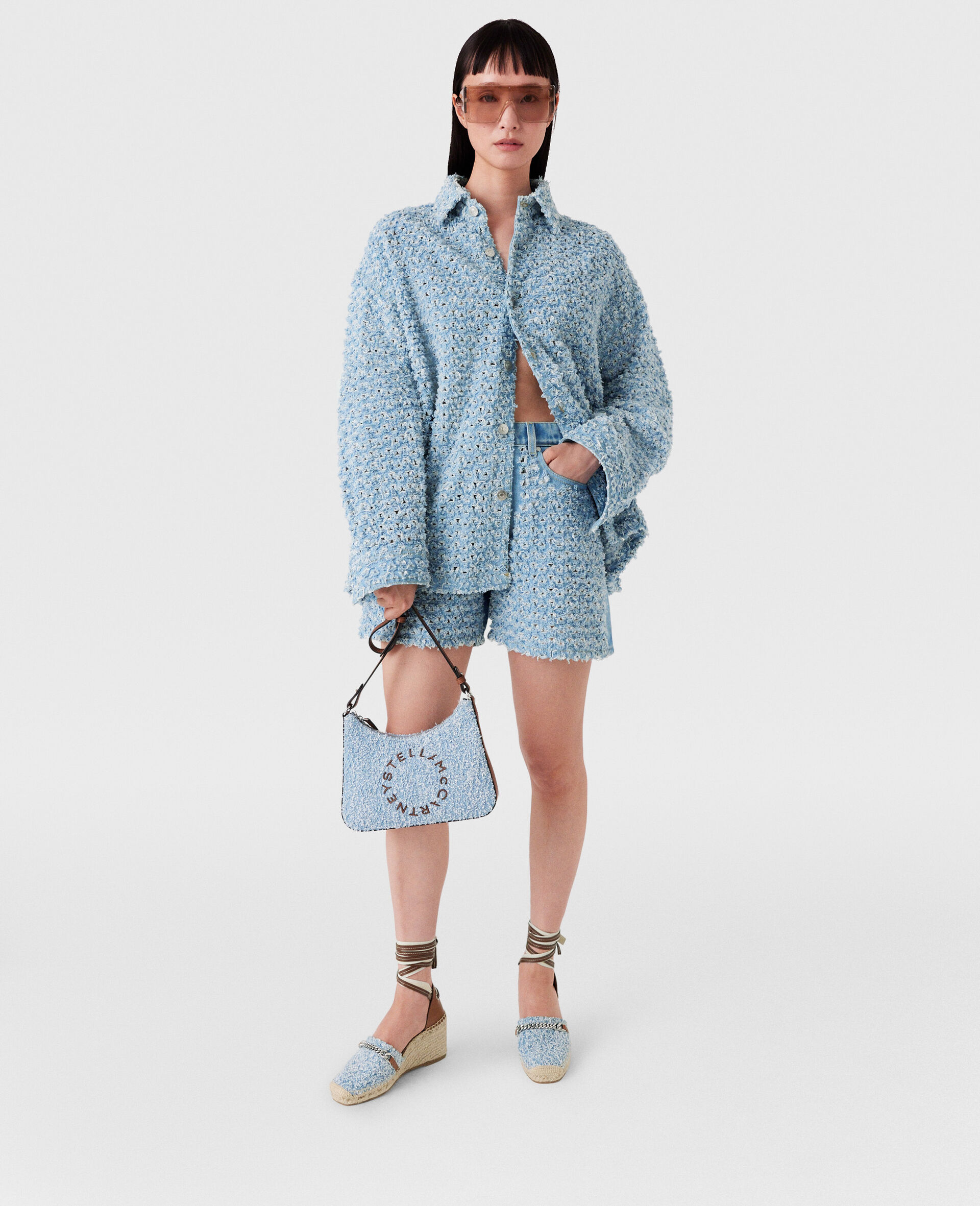 Oversized Denim Bouclé Shirt-Blue-large image number 4