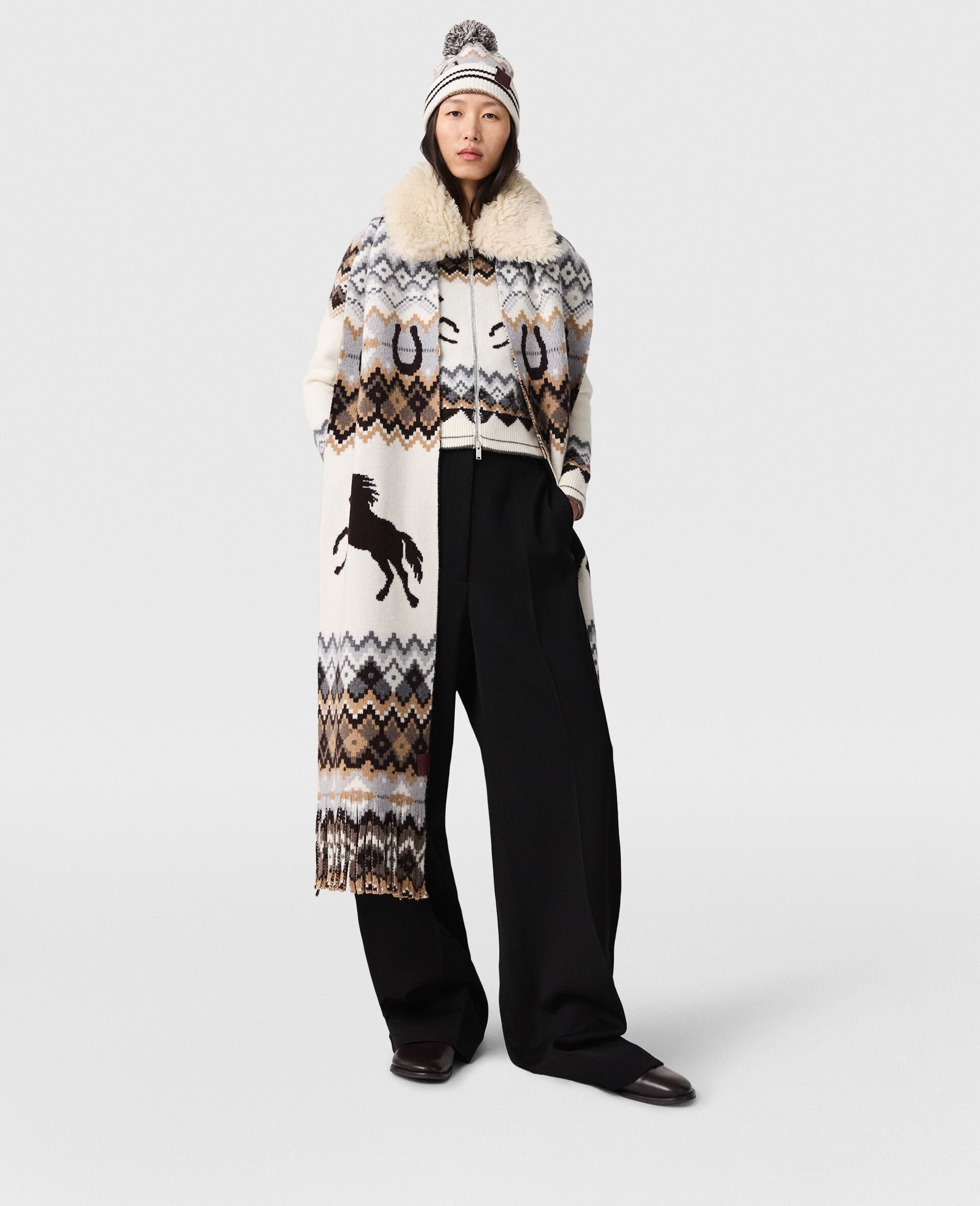 Sciarpa Fairisle con Logo-Marrone-large image number 1