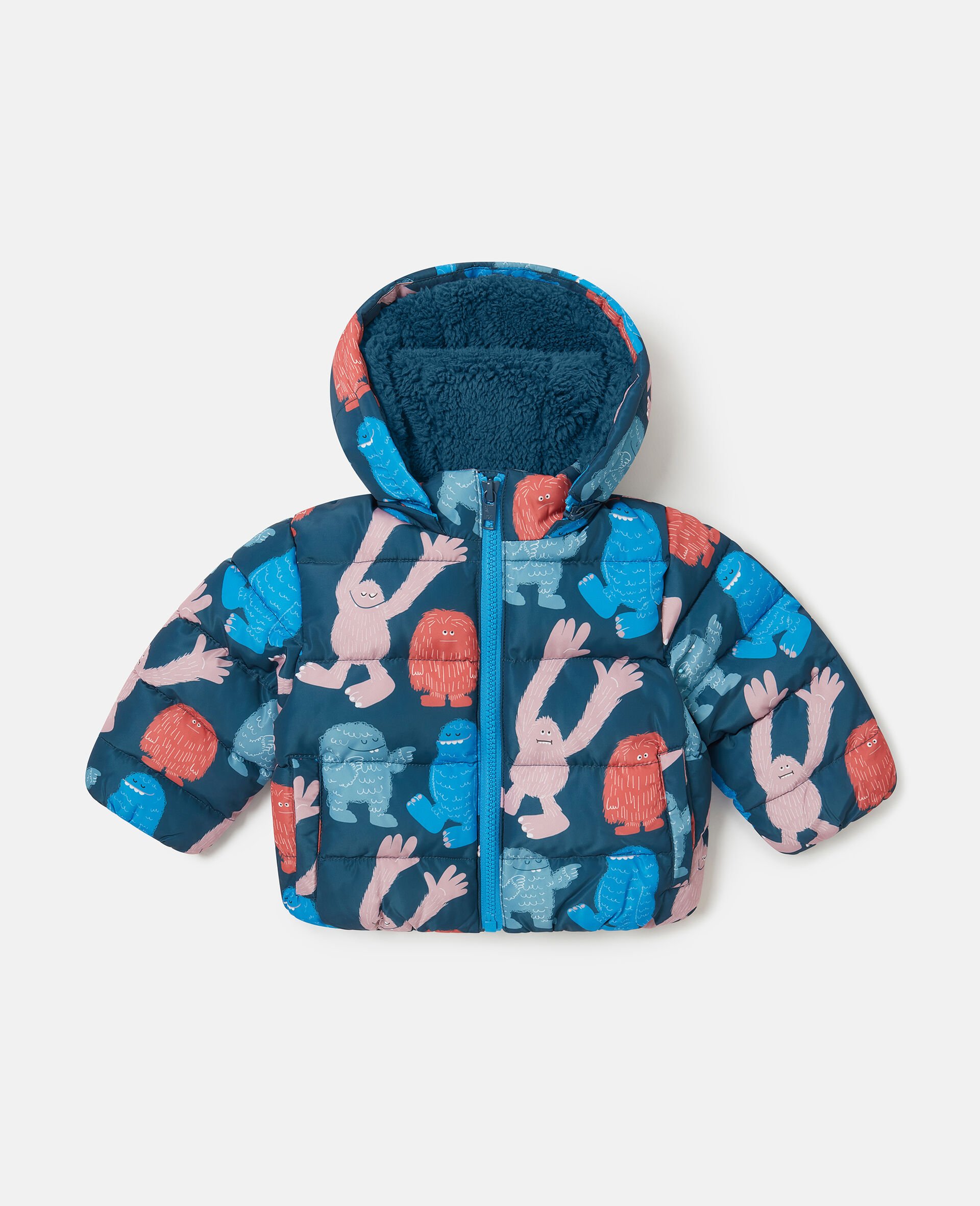 Puffermantel mit Kapuze und Monster-Print-Blau-medium