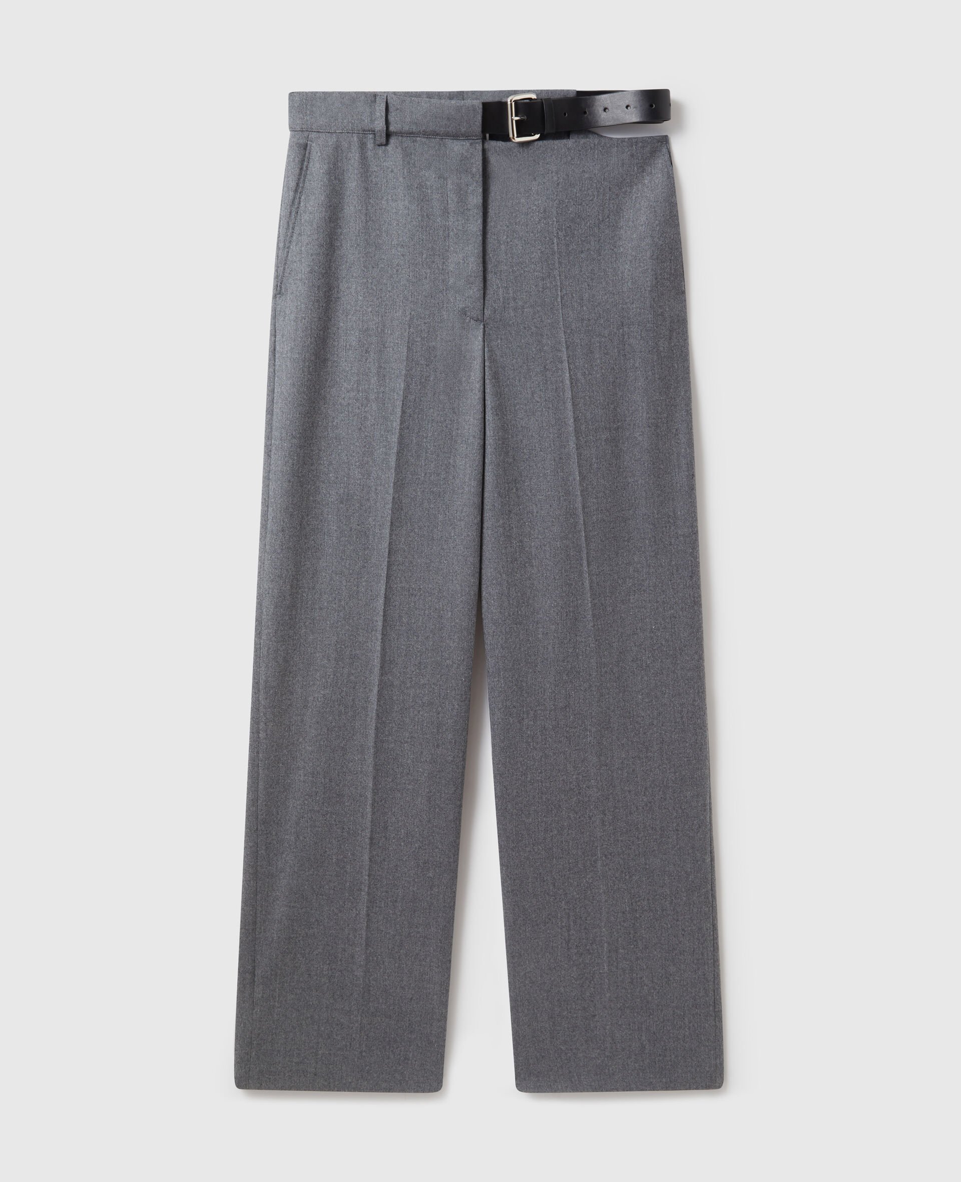 Belted Flannel Straight-Leg Trousers-Grey-medium