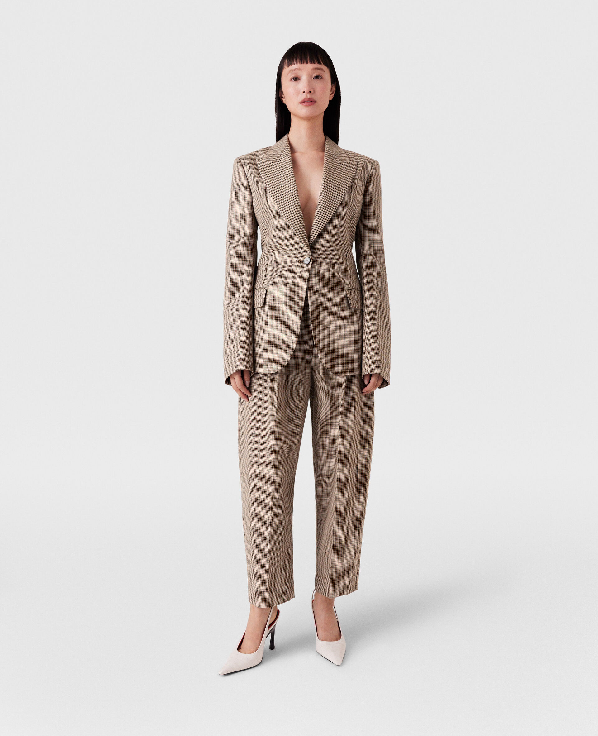 Pleated Houndstooth Wool Trousers-Brown-large image number 5