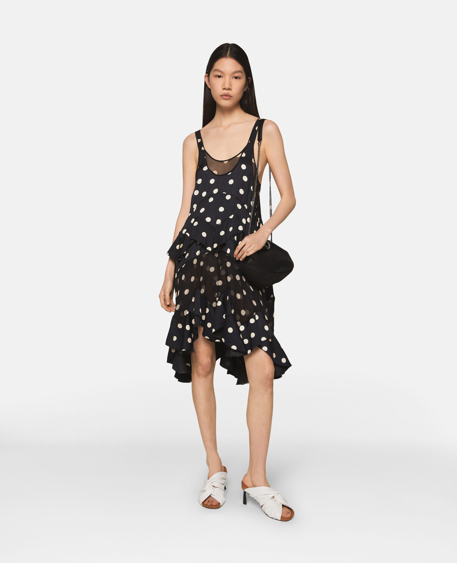 Tiered Ruffled Polka Dot Midi Dress-Black-model