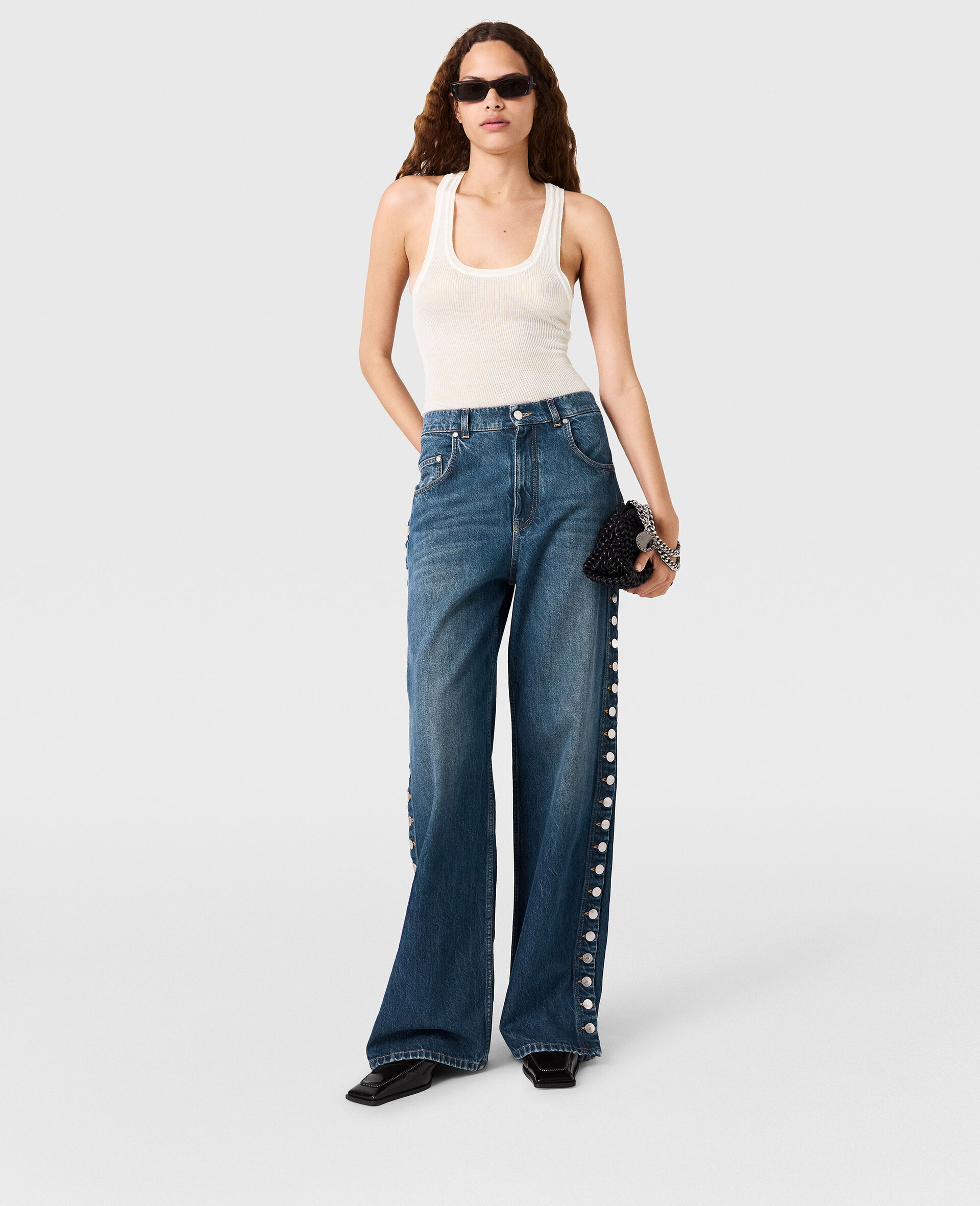 Popper-Studded Straight-Leg Jeans-Blue-large image number 4