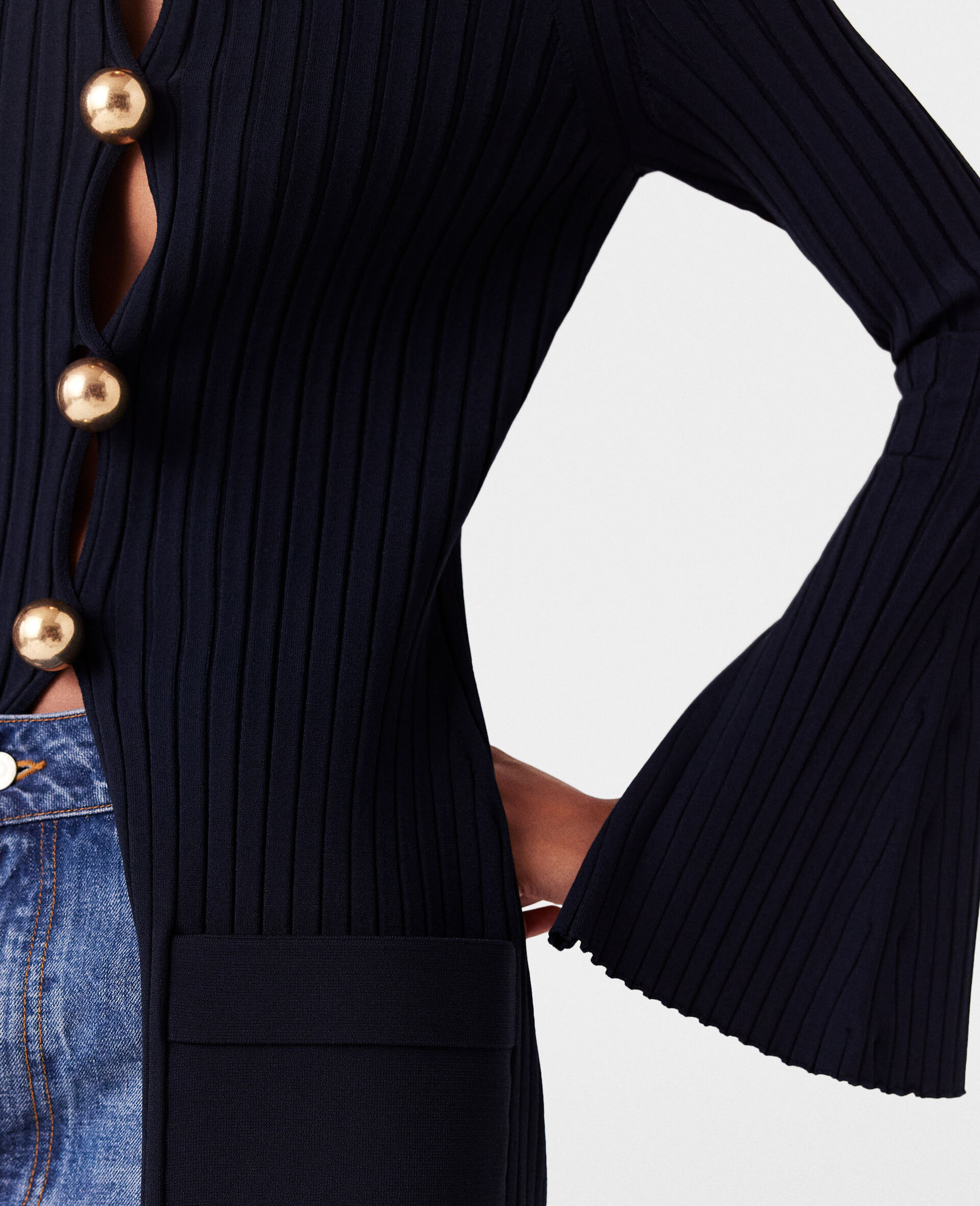 Ribbed Long Sleeve Cardigan-Blue-large image number 3