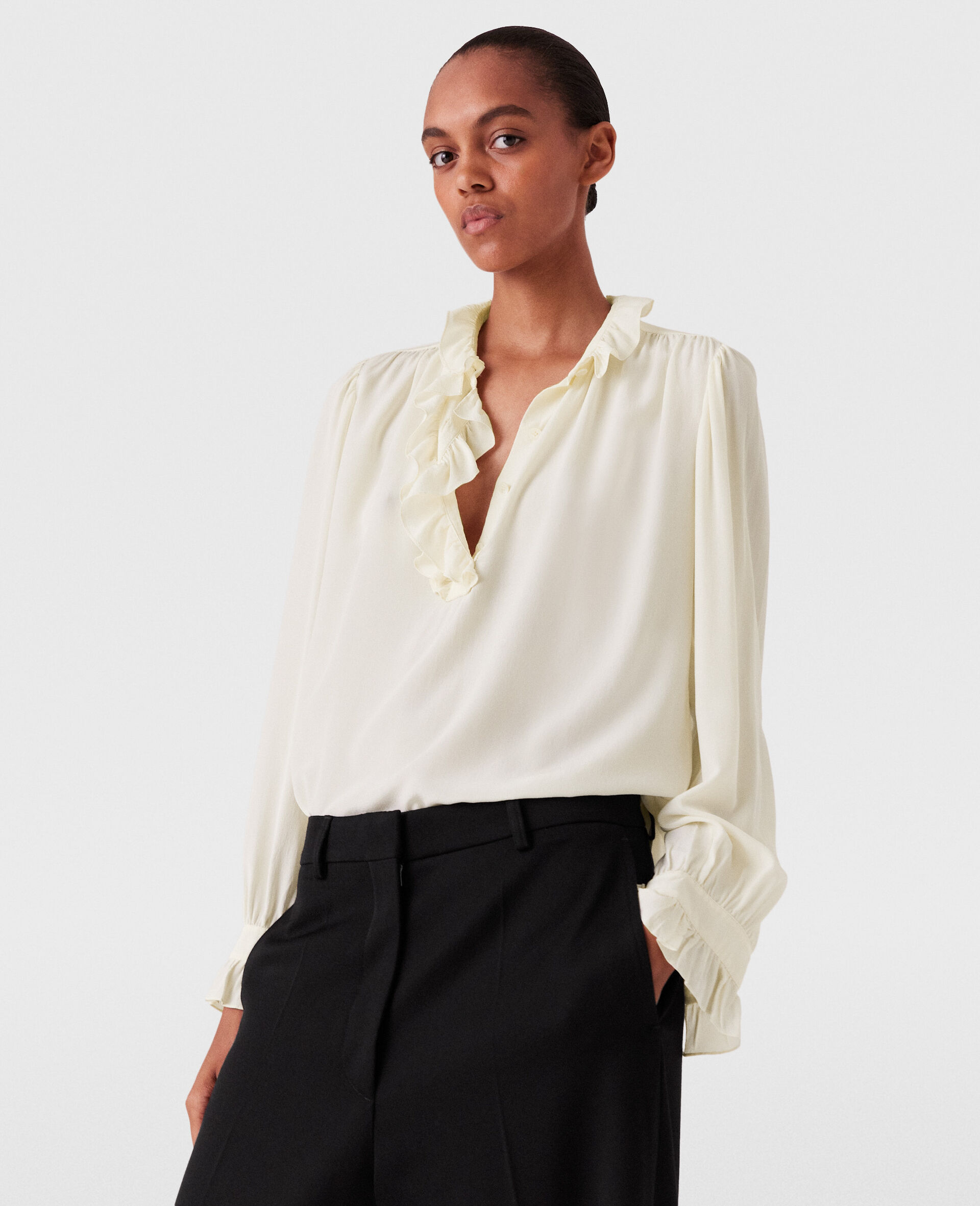 Silk Crêpe de Chine Ruffled Shirt-Cream-model
