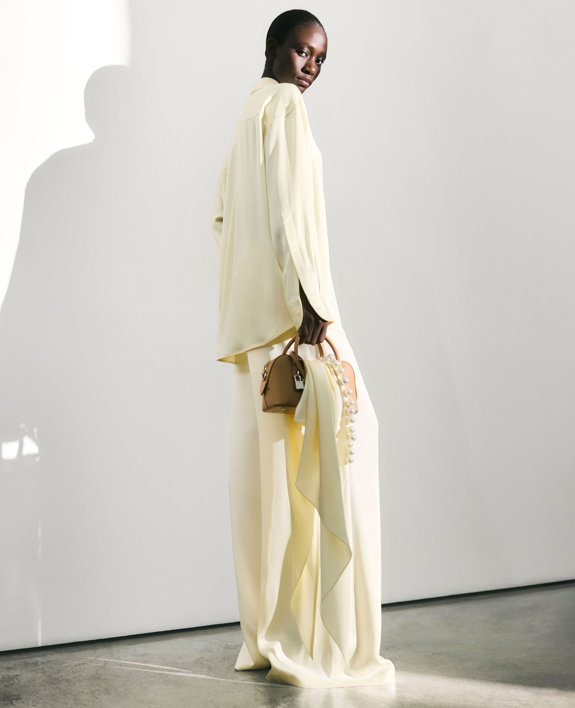 Oversized Drawstring Satin Trousers-Yellow-large image number 2