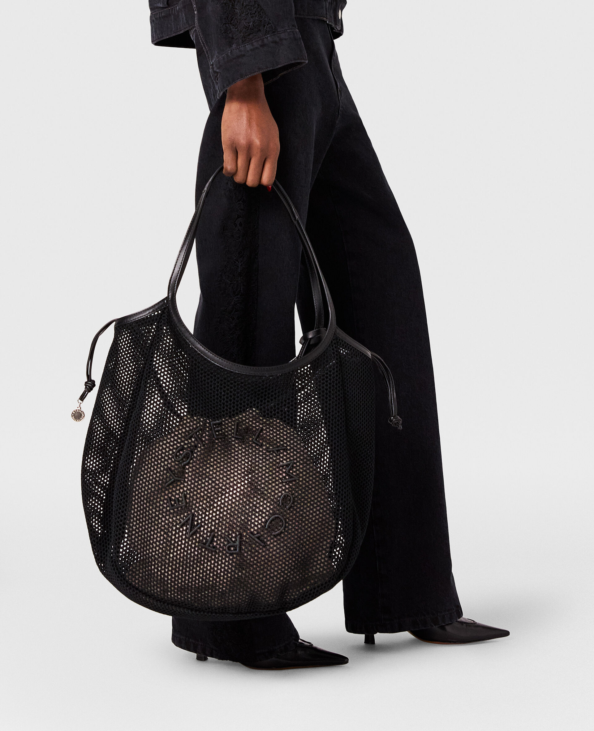 Logo Mesh Hobo Bag-Black-model