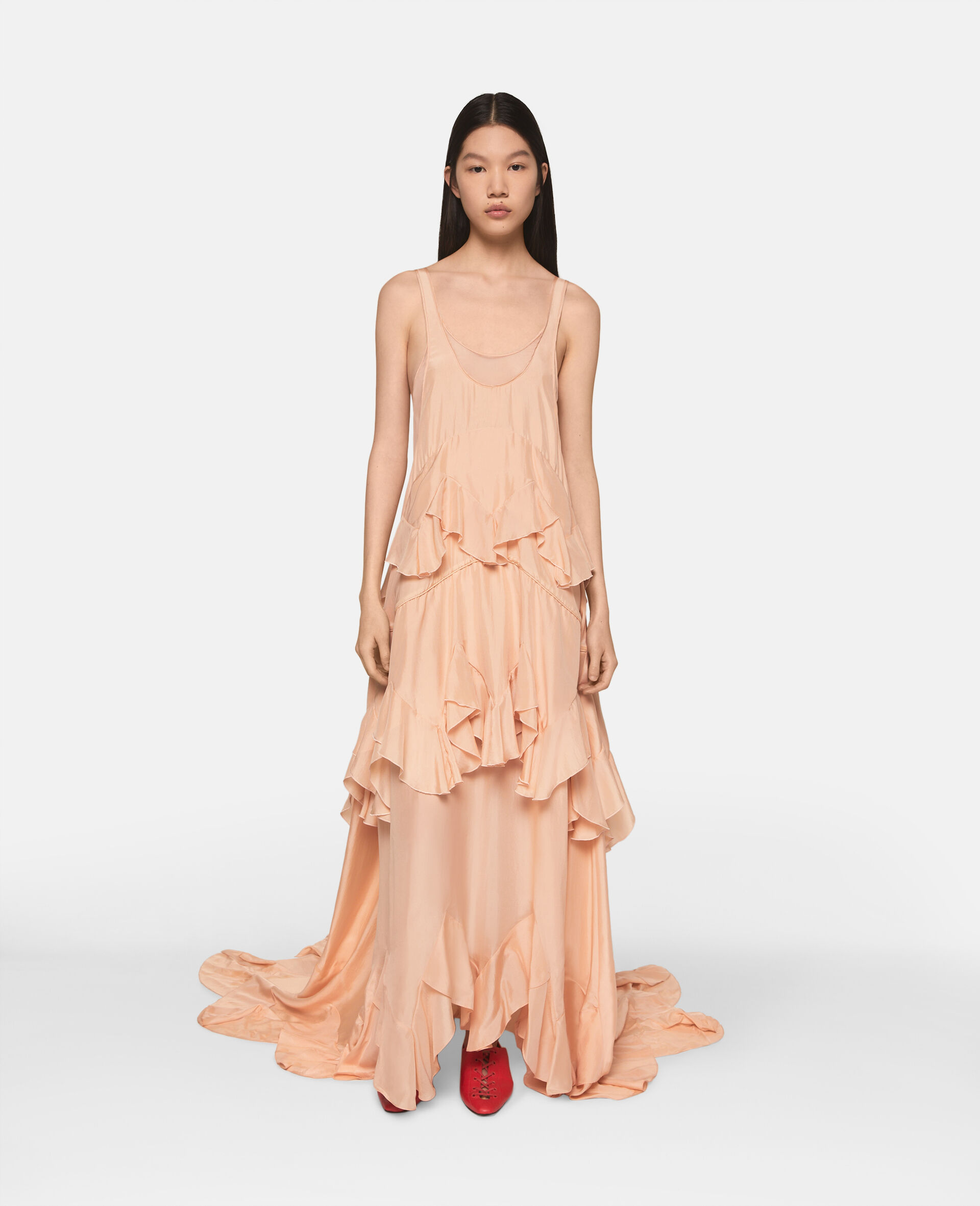 Sleeveless Tiered Silk Maxi Dress-Orange-model