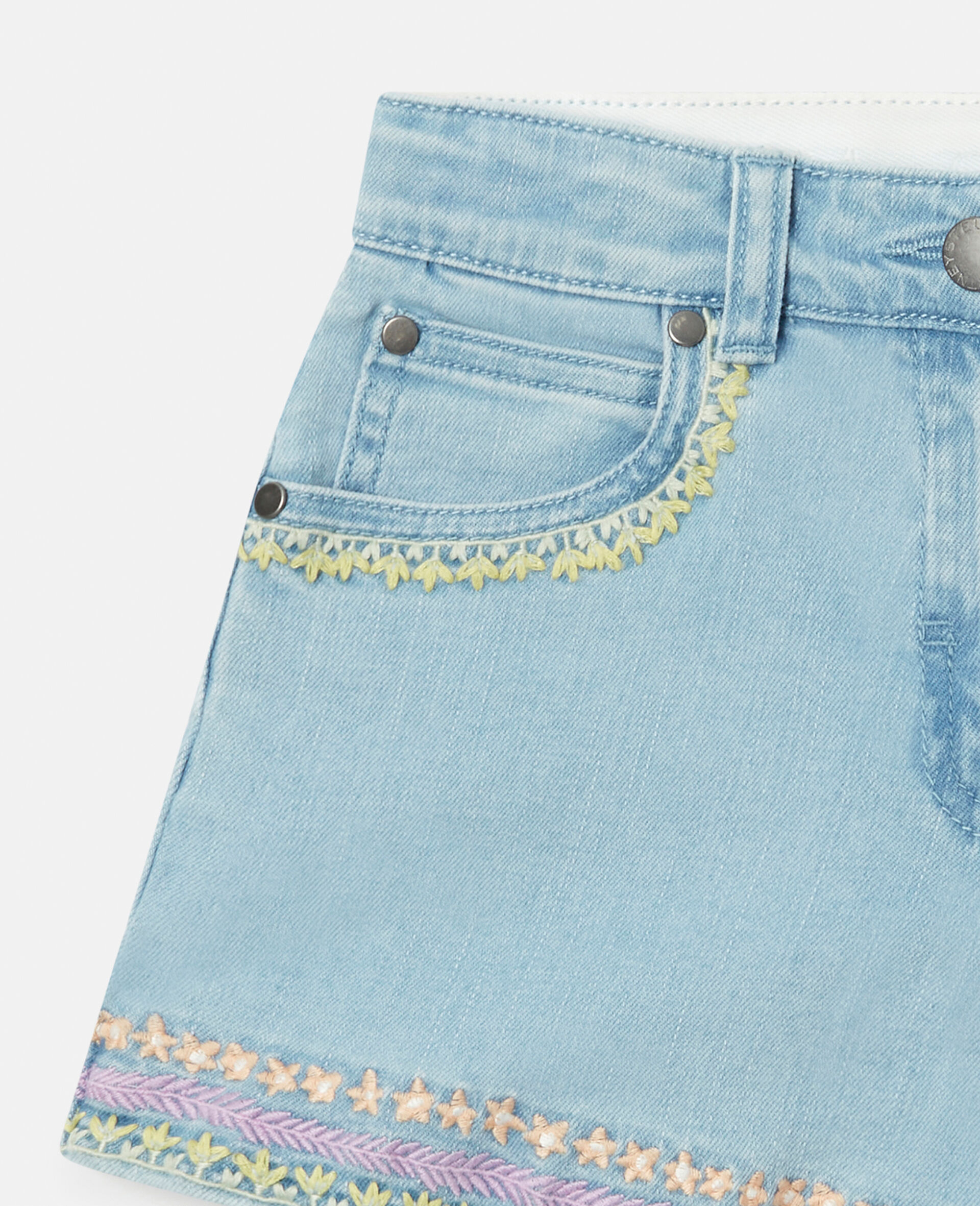 Flower Line Embroidery Denim Shorts-Blue-large image number 1