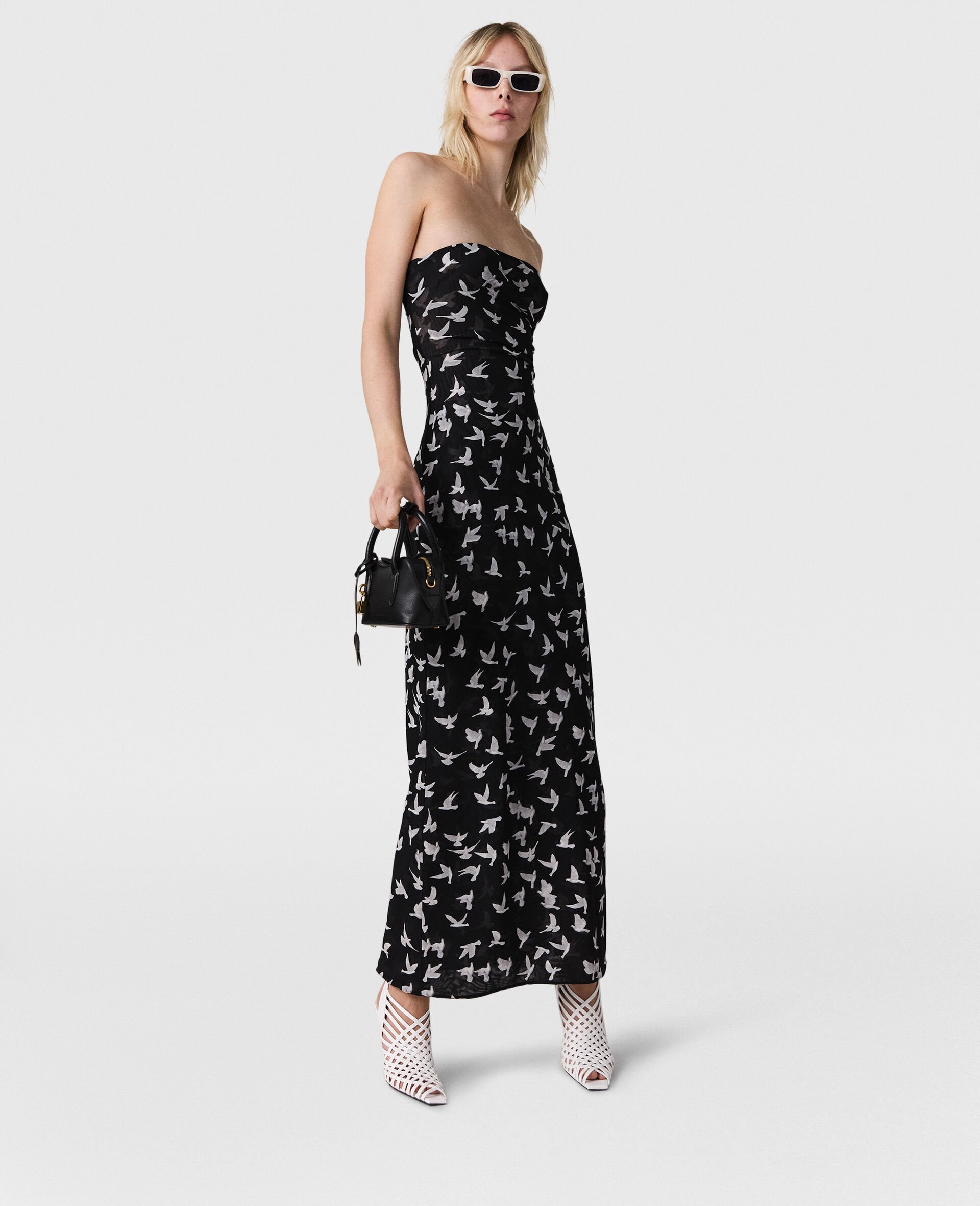 Dove Print Mesh Strapless Midi Dress-Black-model