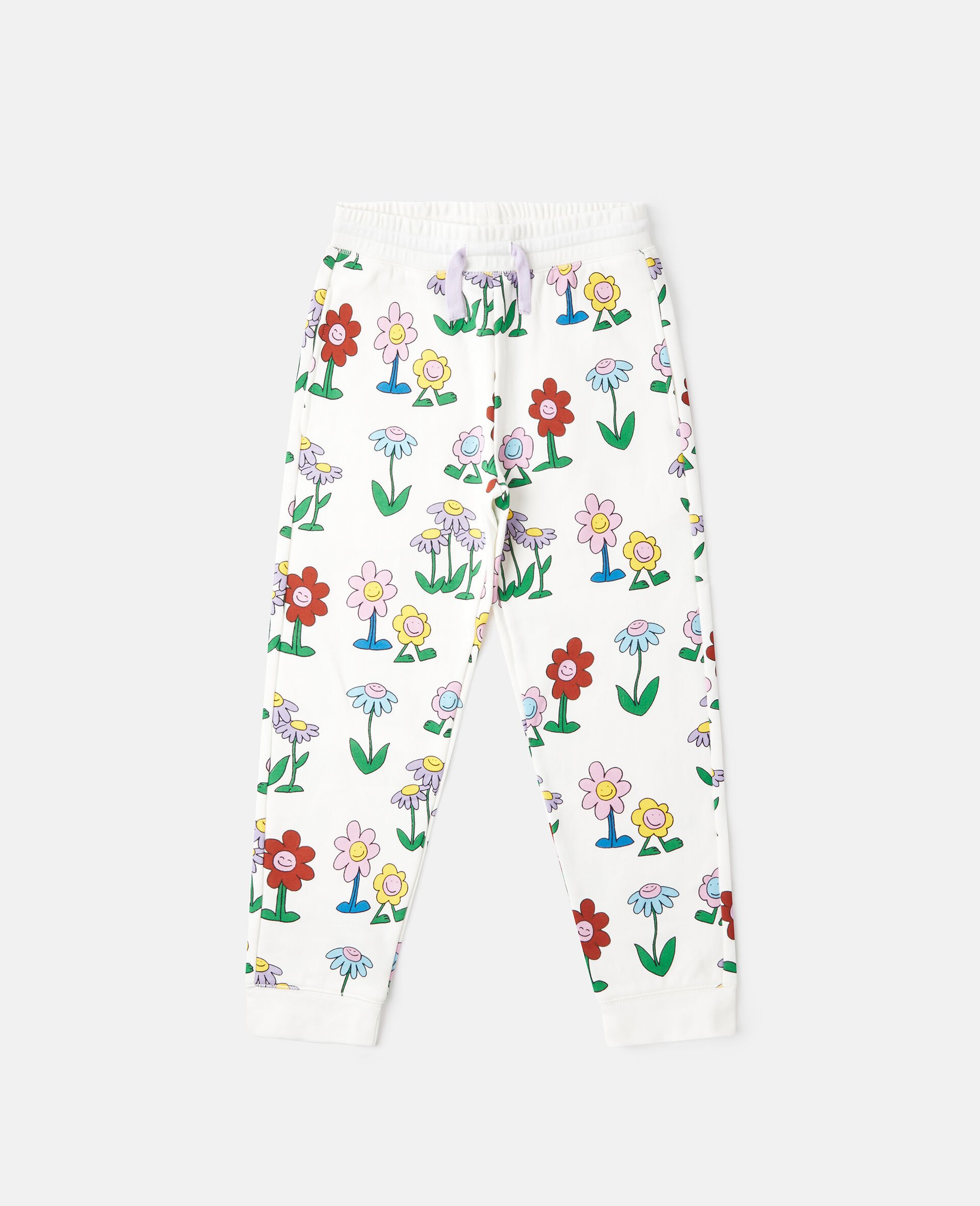 Flower Print Drawstring Joggers-White-medium