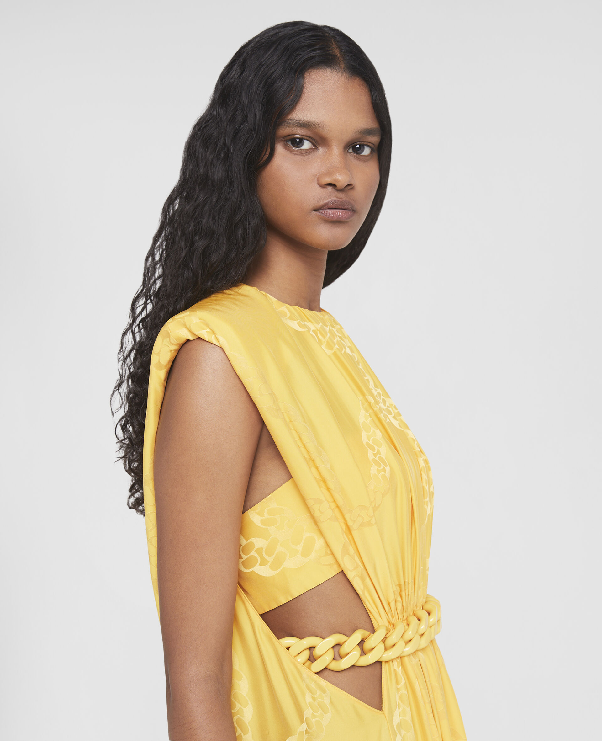 Falabella Chain Pleat Front Double Satin Maxi Dress-Yellow-large image number 3
