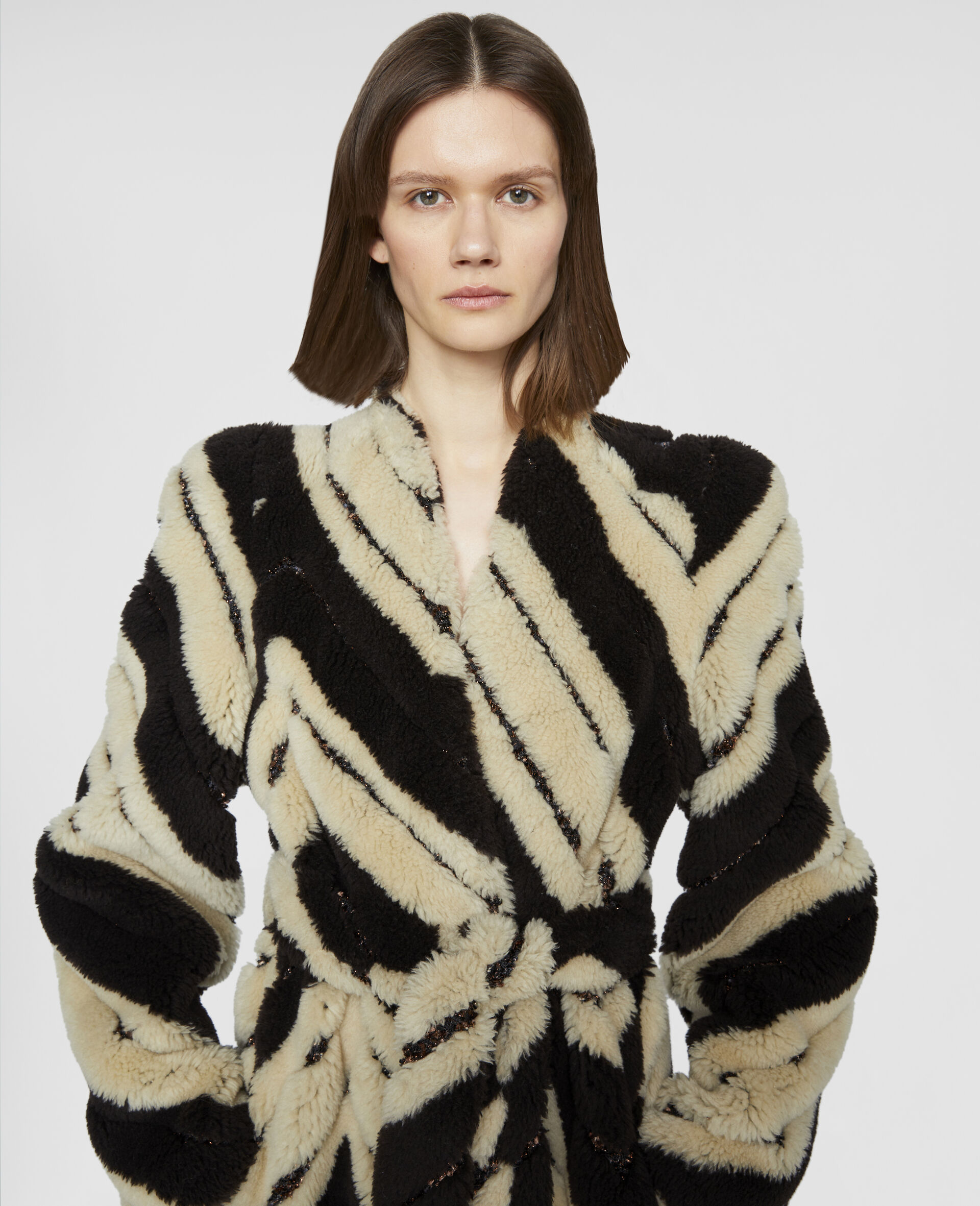 Stella by Stella V Series Striped Fur Free Fur Belted Coat-Brown-large image number 3