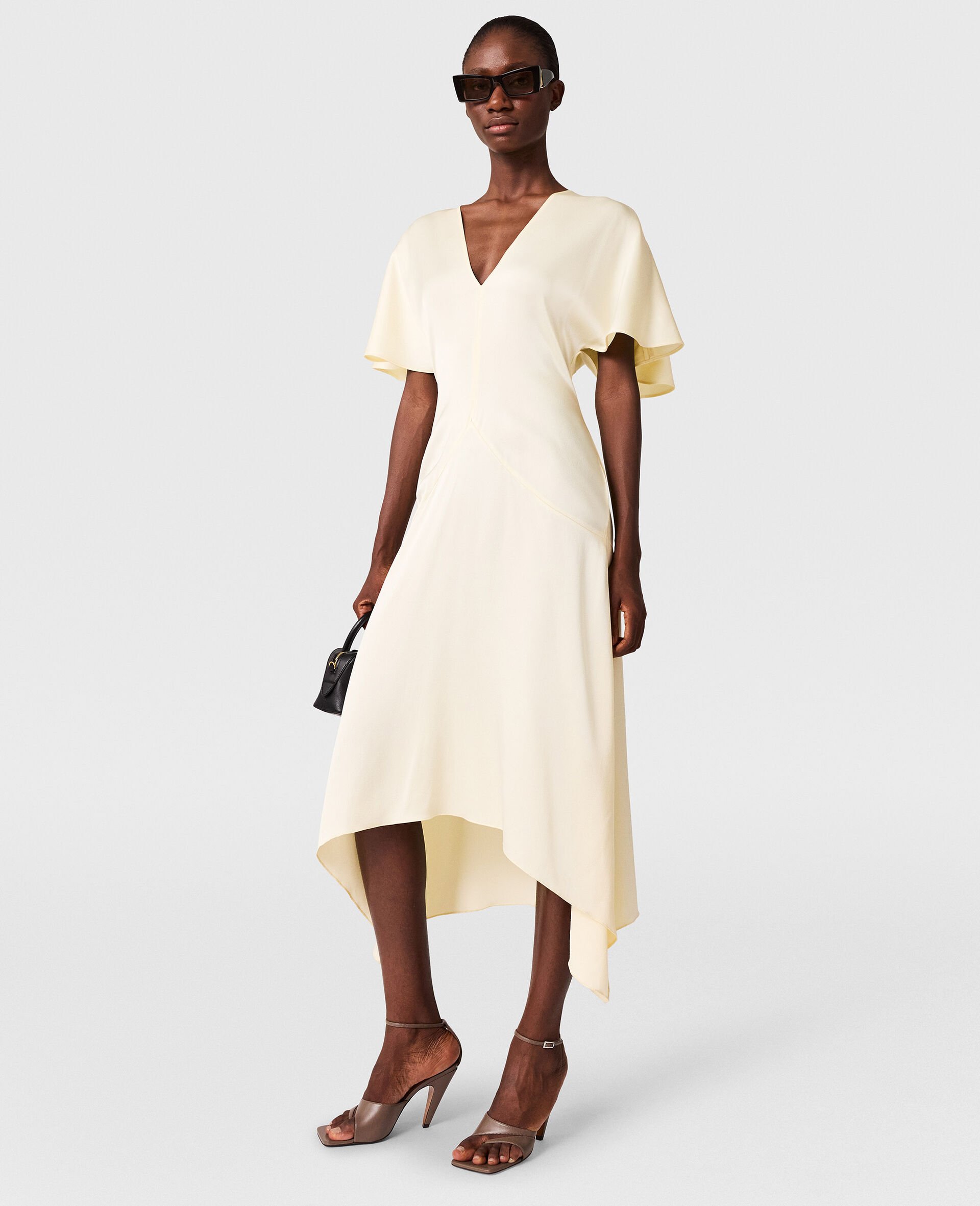 V-Neck Short-Sleeve Satin Midi Dress-Yellow-medium