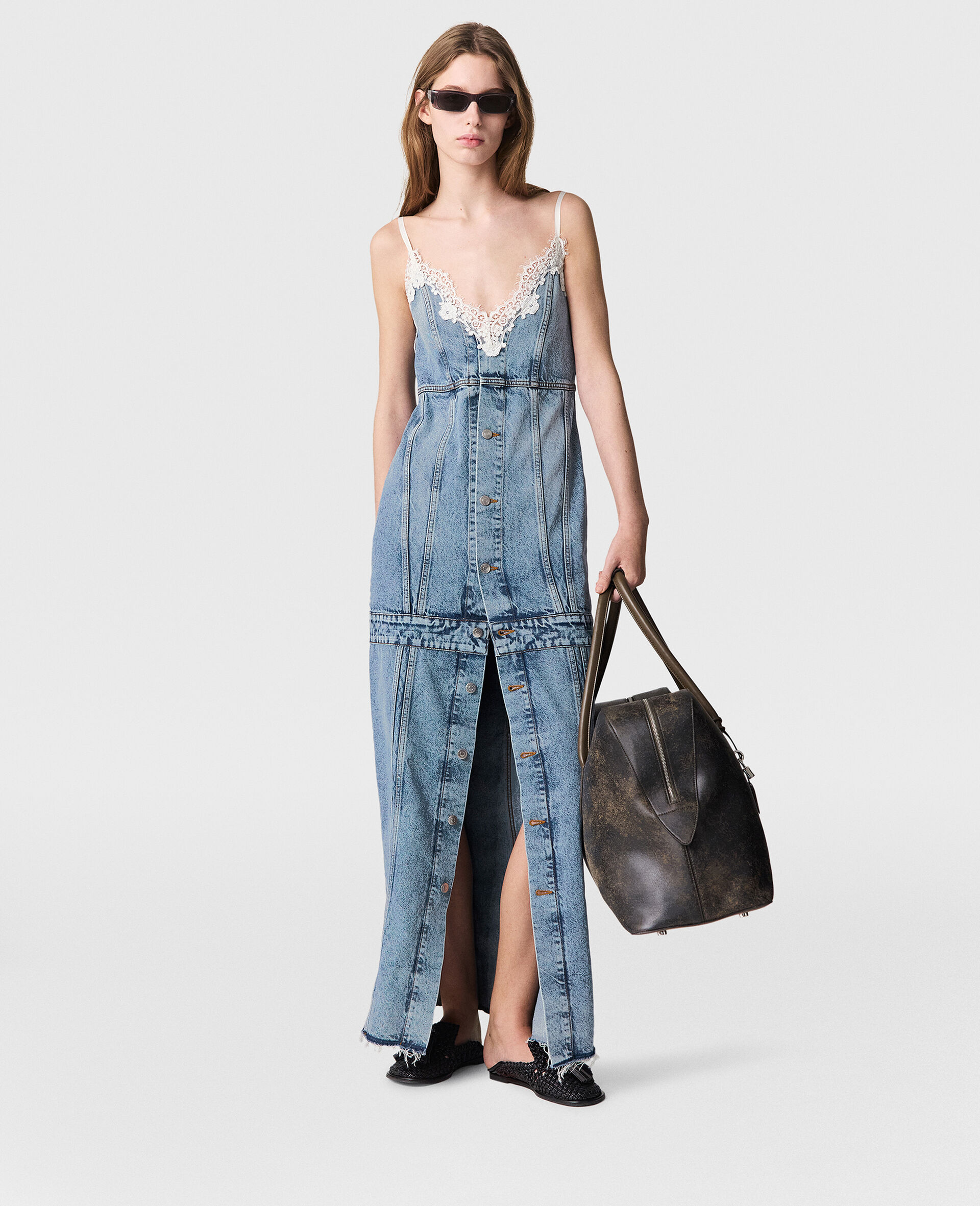 Vintage Wash V-Neck Maxi Dress-Blue-model