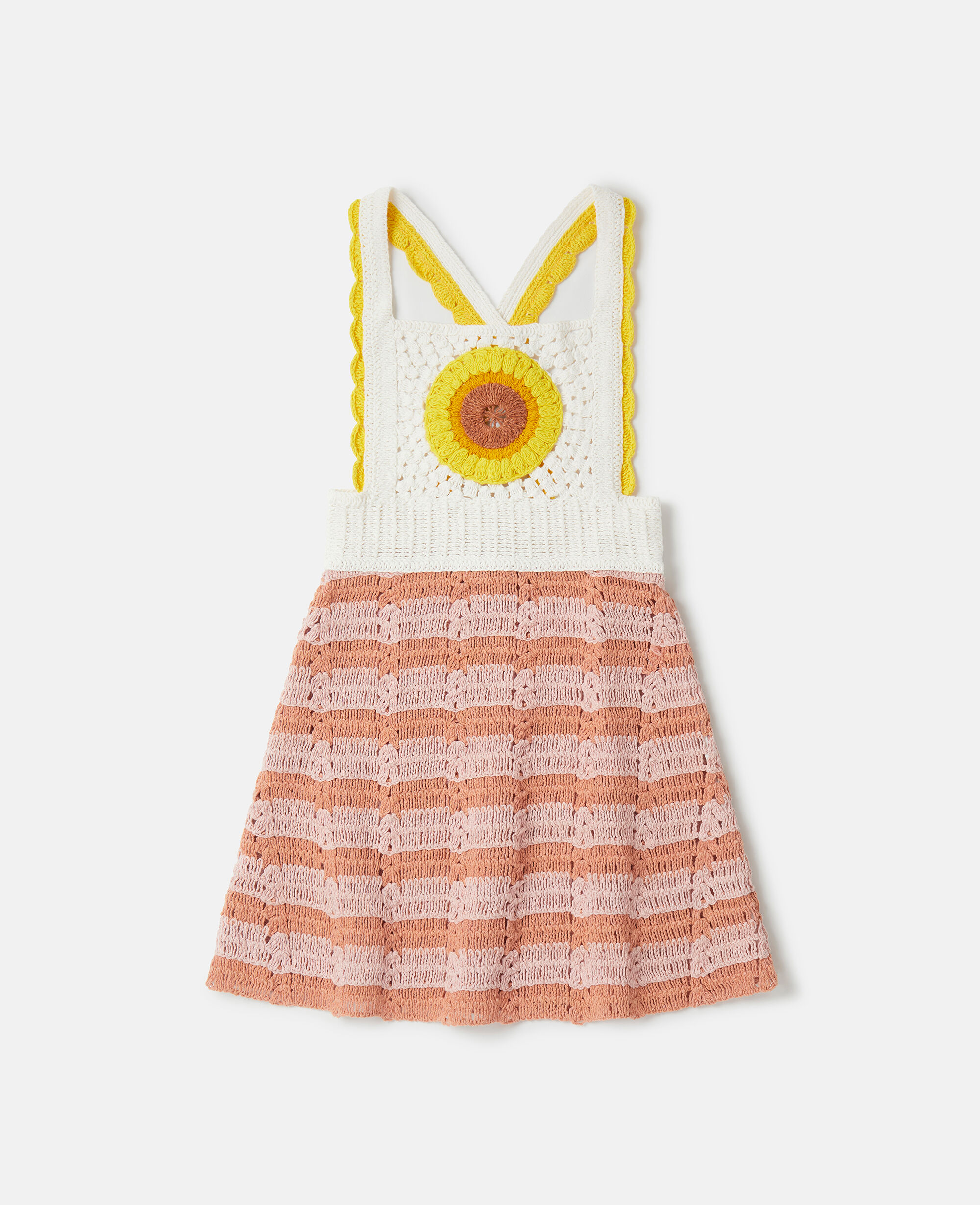Women Red Ivory Striped Sunflower Motif Crochet Pinafore Dress Stella McCartney TR