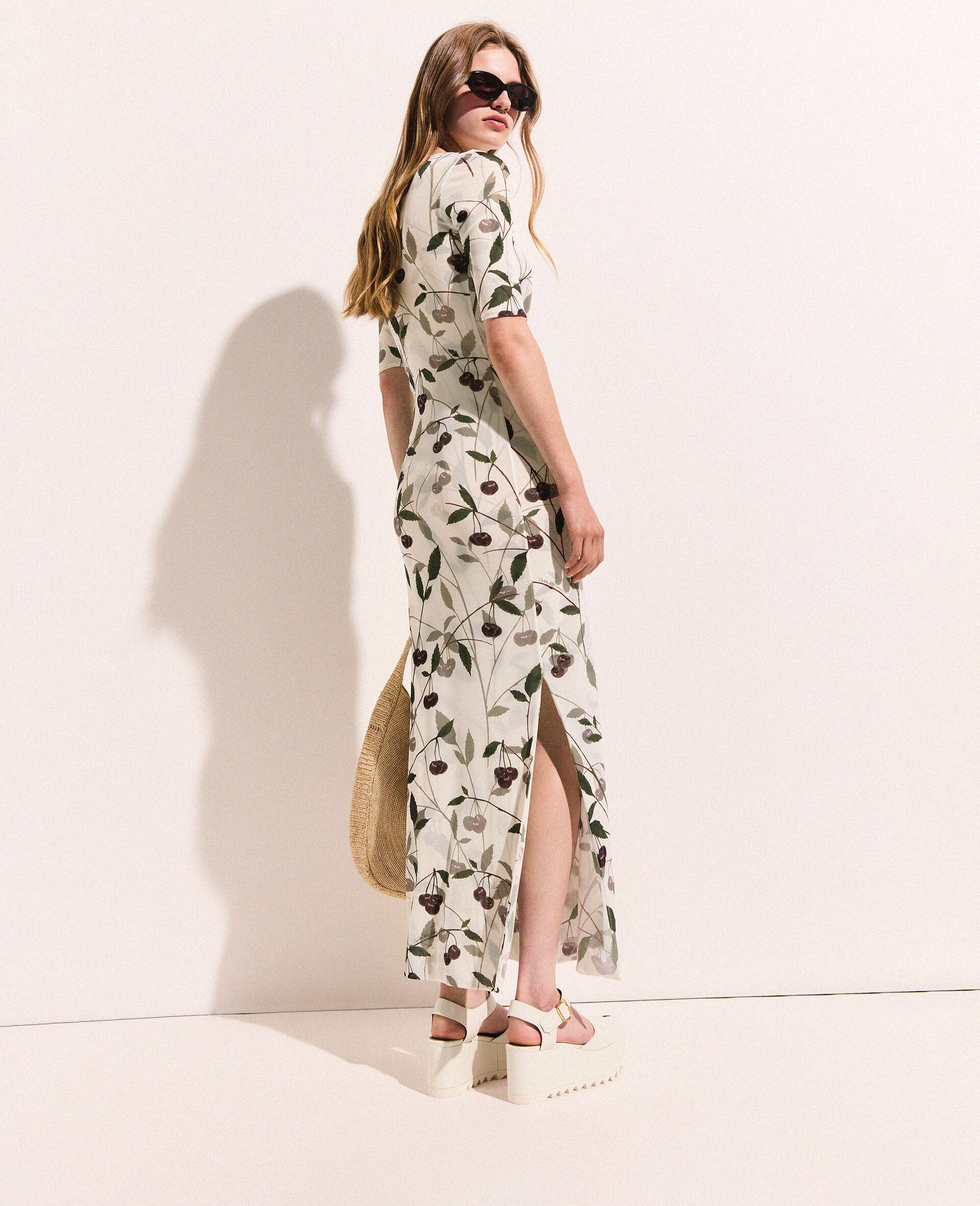 Cherry Print Mesh Half Sleeve Midi Dress-Beige-large image number 4