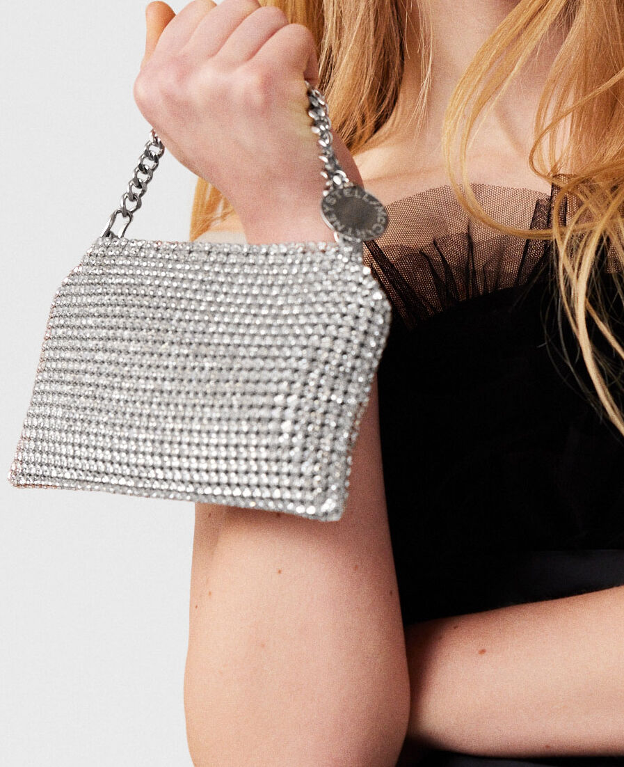 Women Metallic silver Falabella Crystal Mesh Crossbody Bag