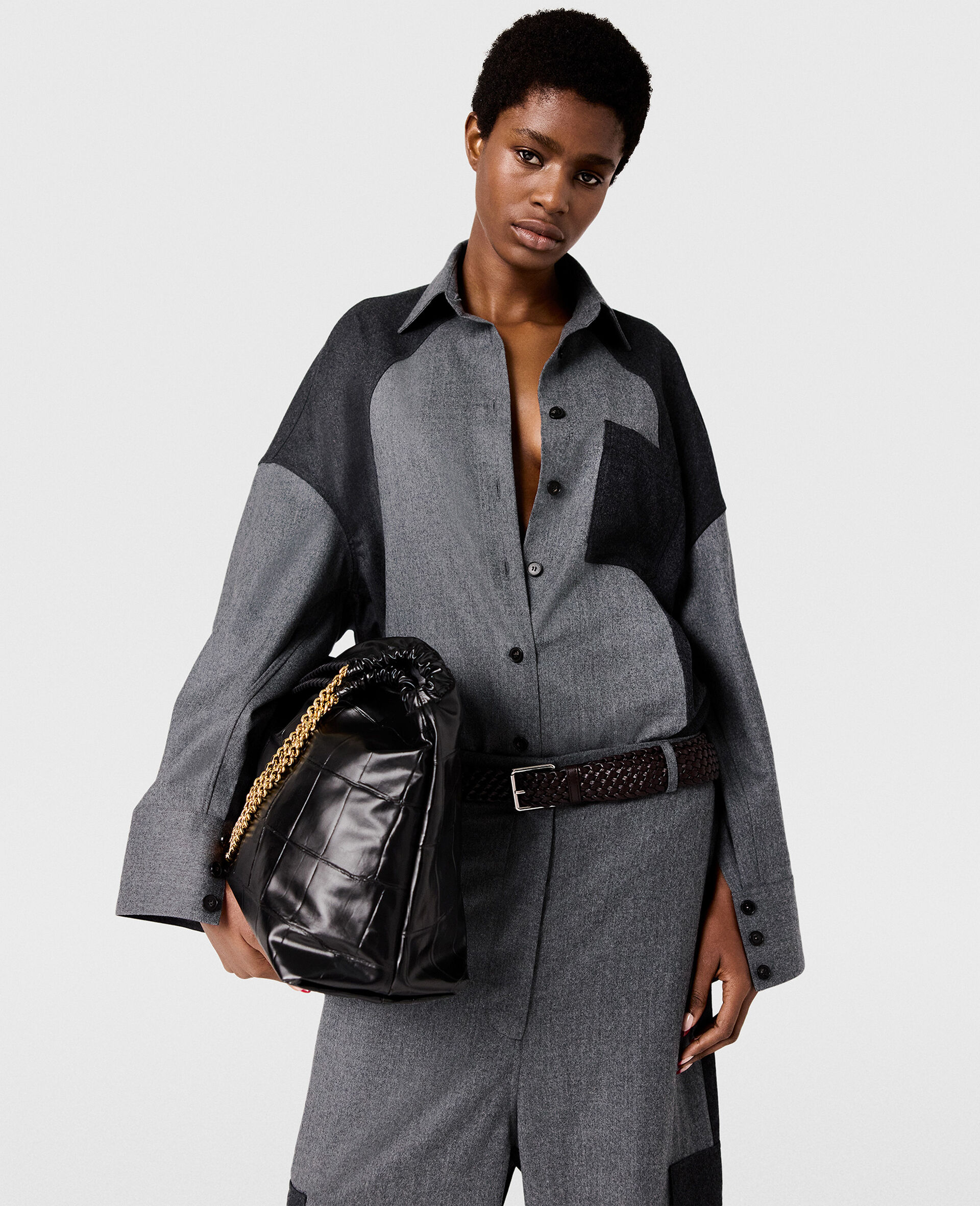 Panelled Oversized Shirt-Grey-model