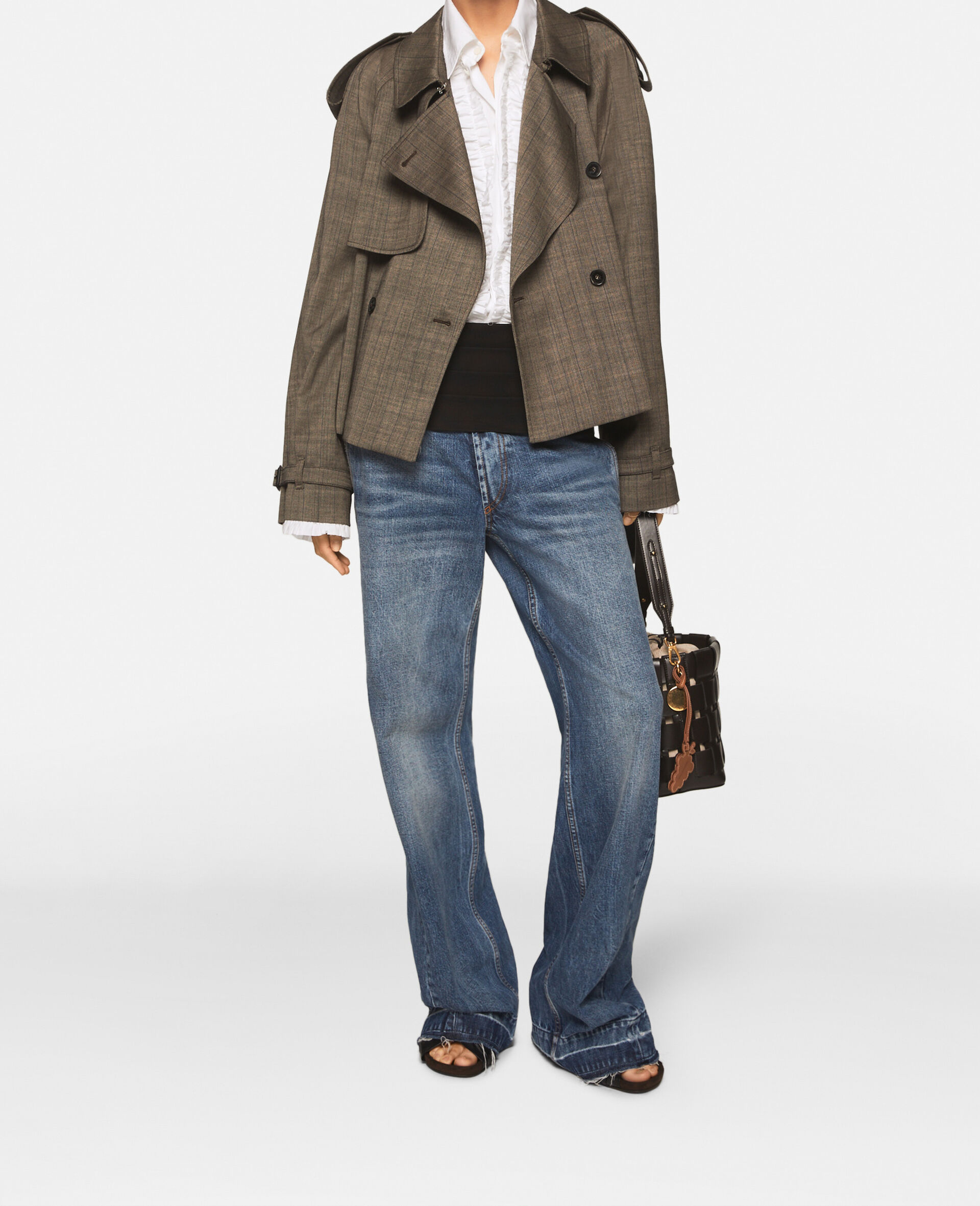 Cropped Pinstripe Wool Trench Jacket -Grey-large image number 1