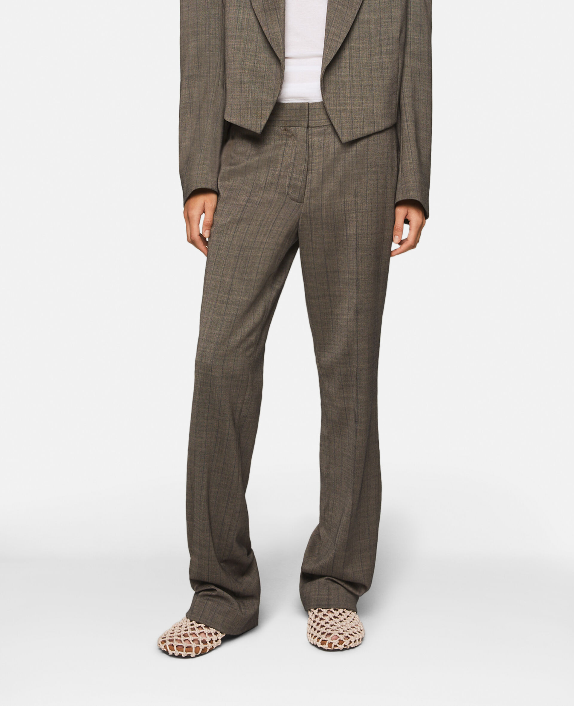 Pantaloni in Lana a Gamba Tesa a Vita Media in Twill Gessato-Grigio-large image number 3