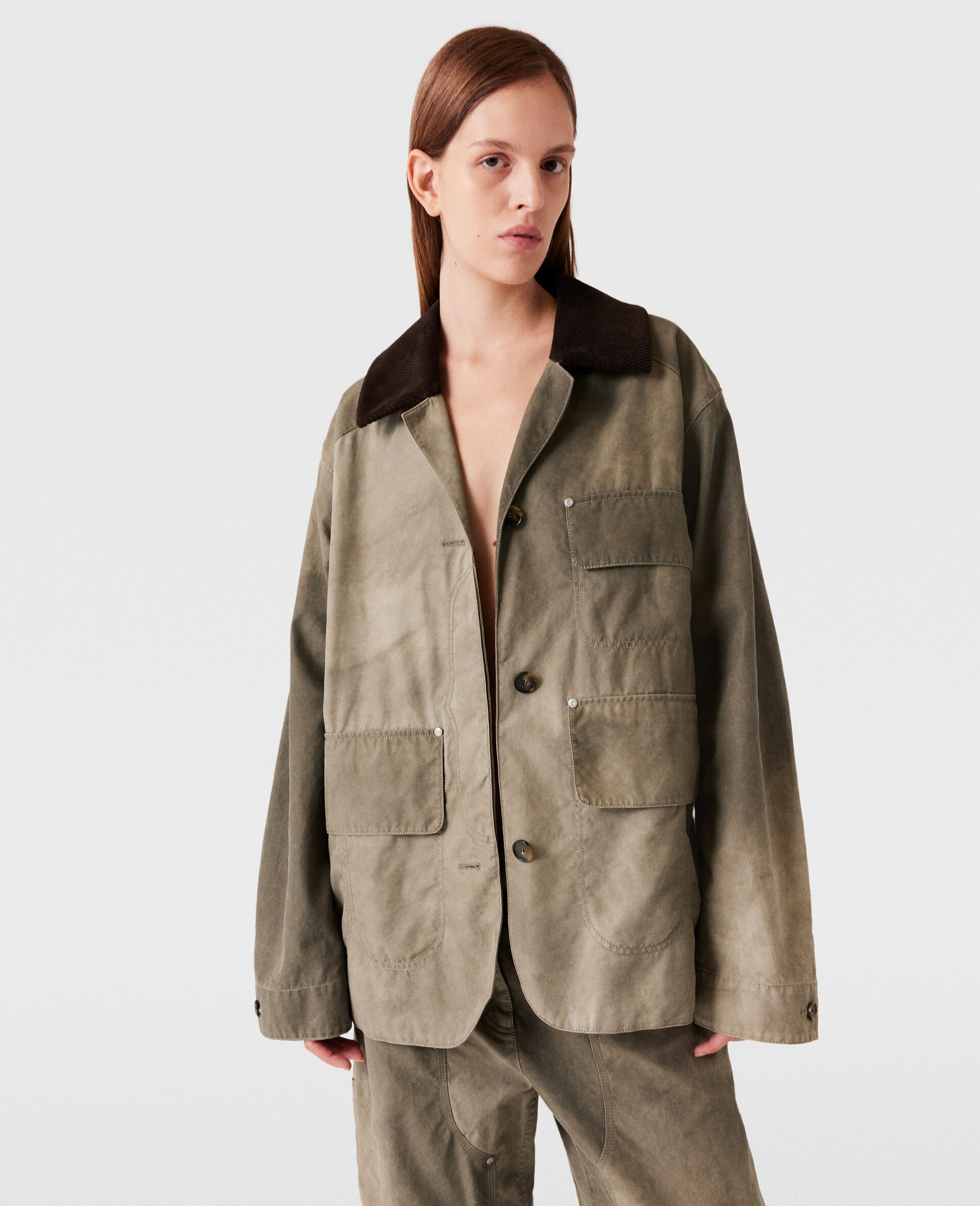 Corduroy Collar Aged Jacket-Beige-large image number 4