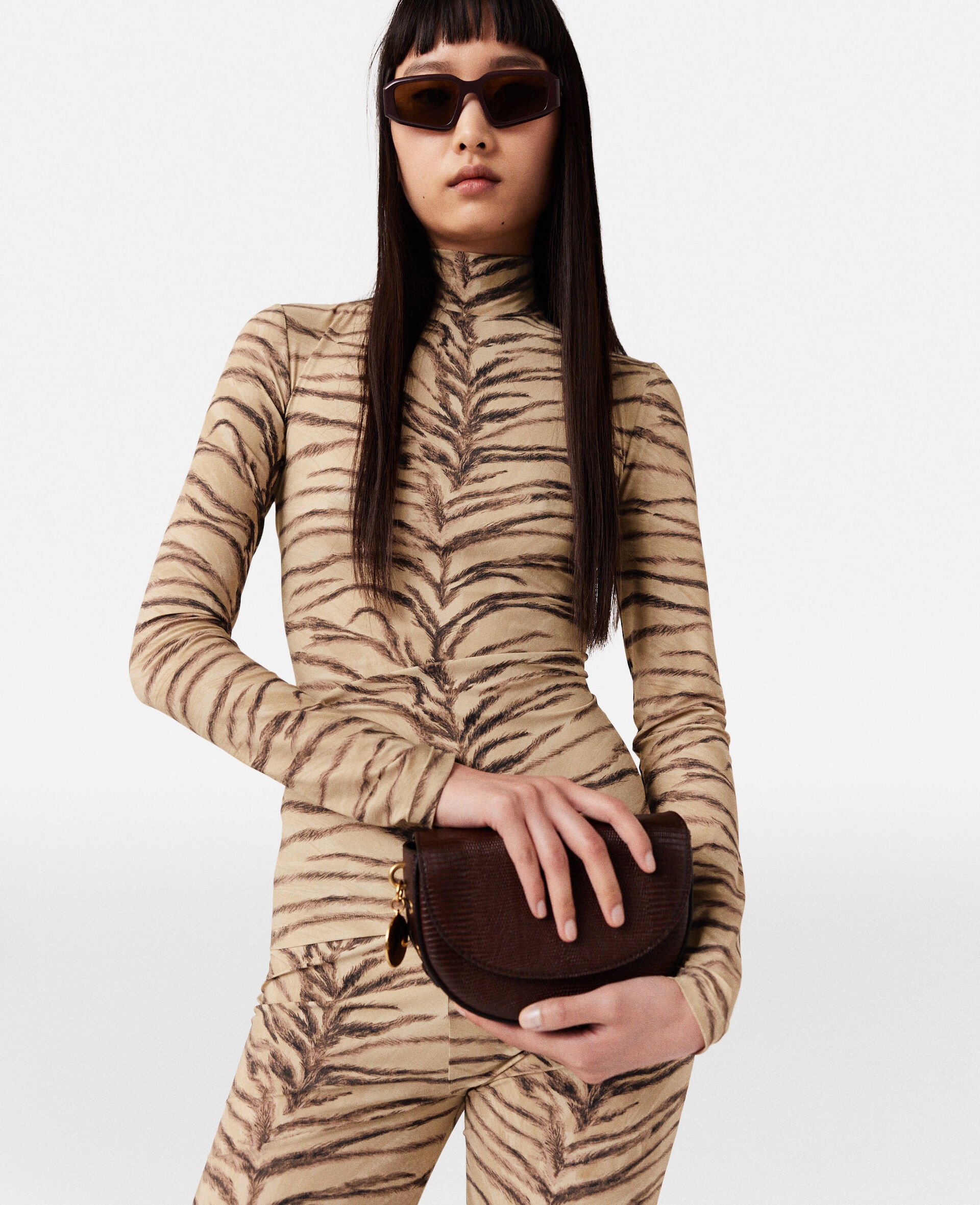 Tiger Print High-Neck Top-Beige-model Tiger Print High-Neck Top-Beige-model
