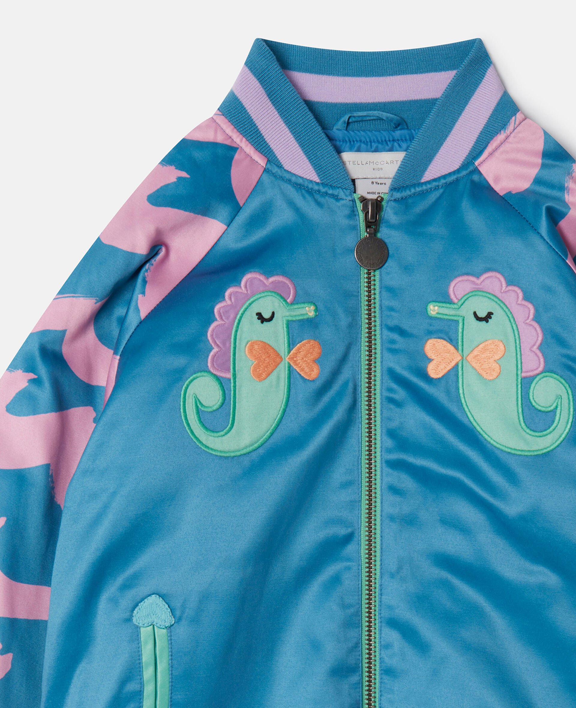 Seahorse Embroidery Satin Bomber Jacket-Blue-large image number 3