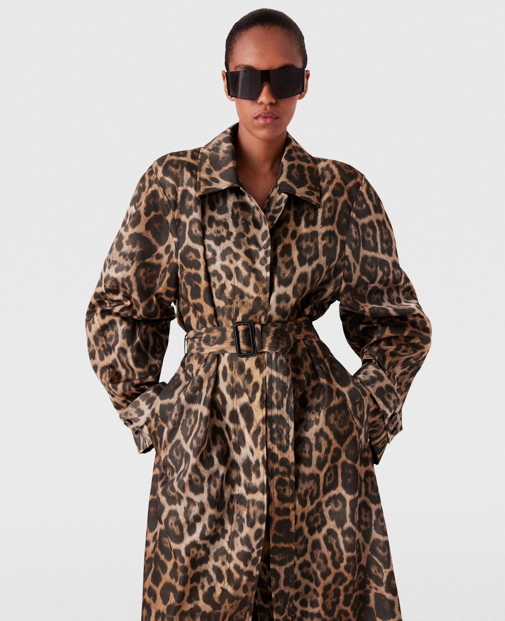 Leopard Belted Trench Coat-Brown-large image number 4