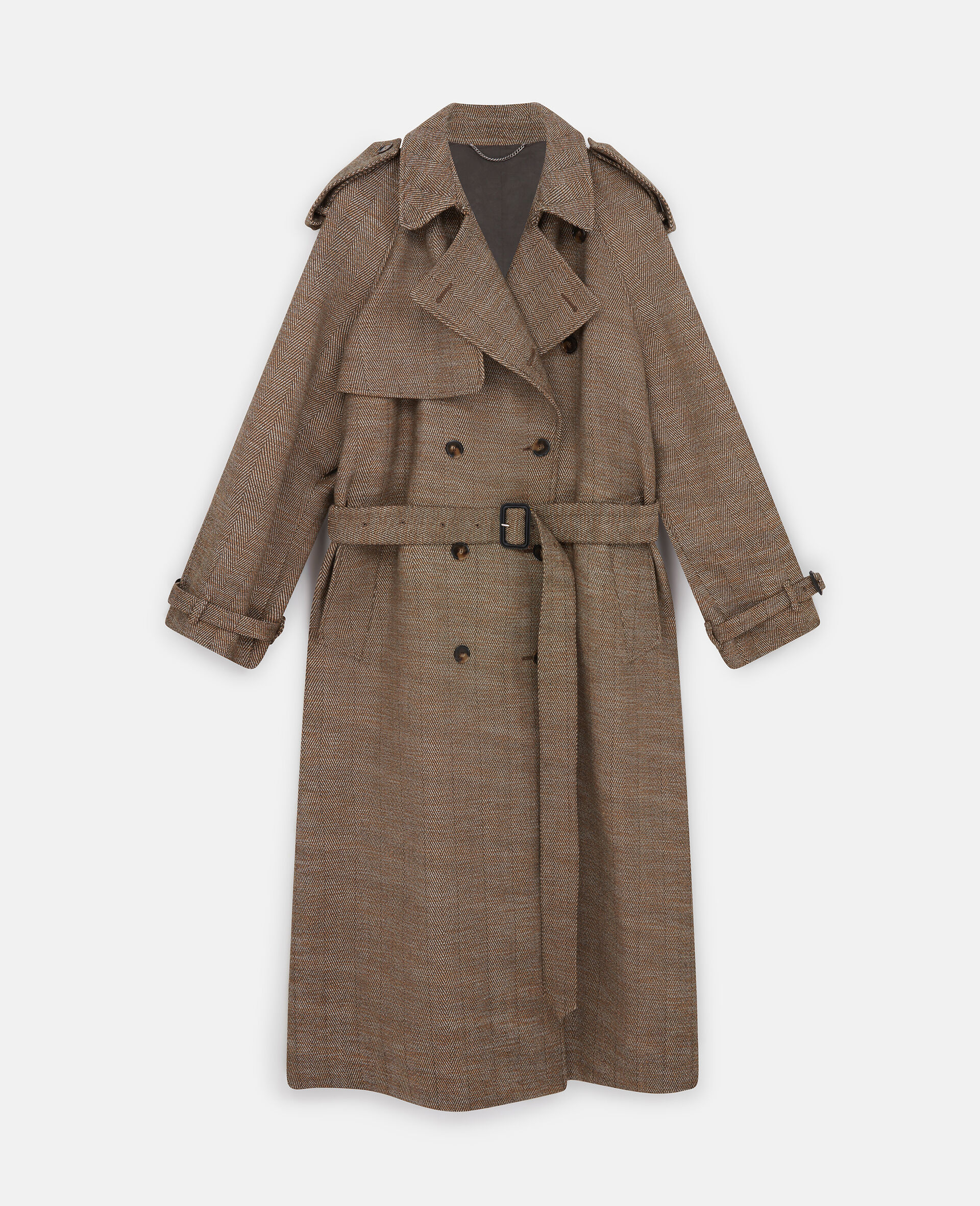 Belted Herringbone Trench Coat-Brown-medium