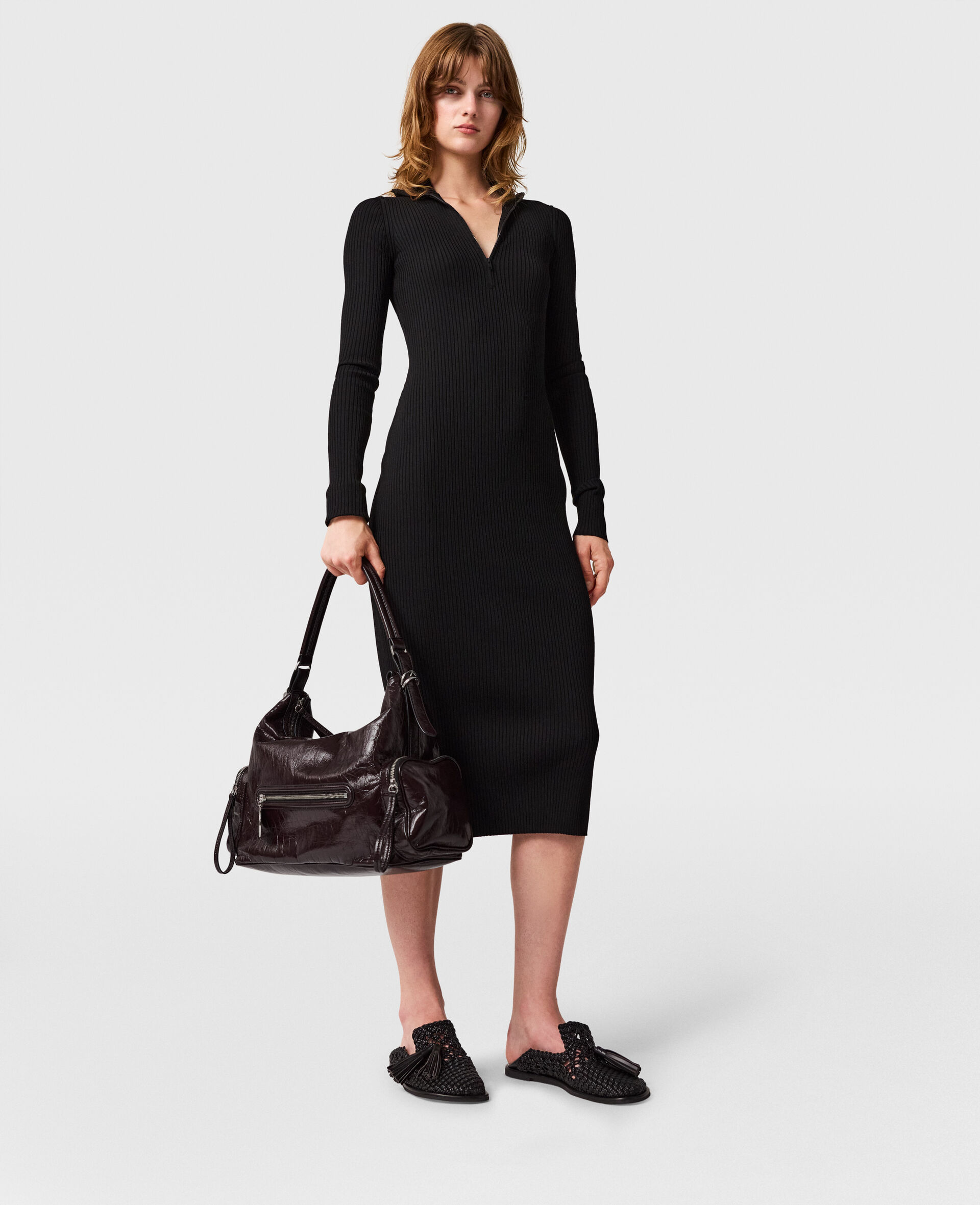 Zip-Neck Ribbed Knit Midi Dress-Black-large image number 6