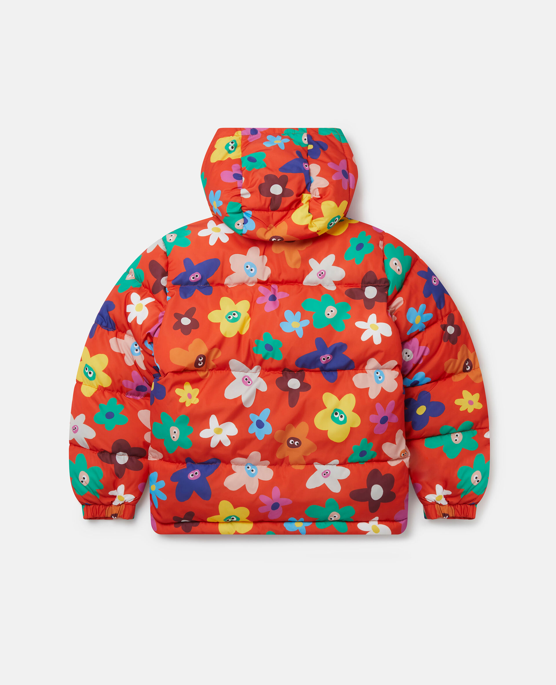 Smiling Flower Print Hooded Puffer Coat-Red-model Smiling Flower Print Hooded Puffer Coat-Red-model