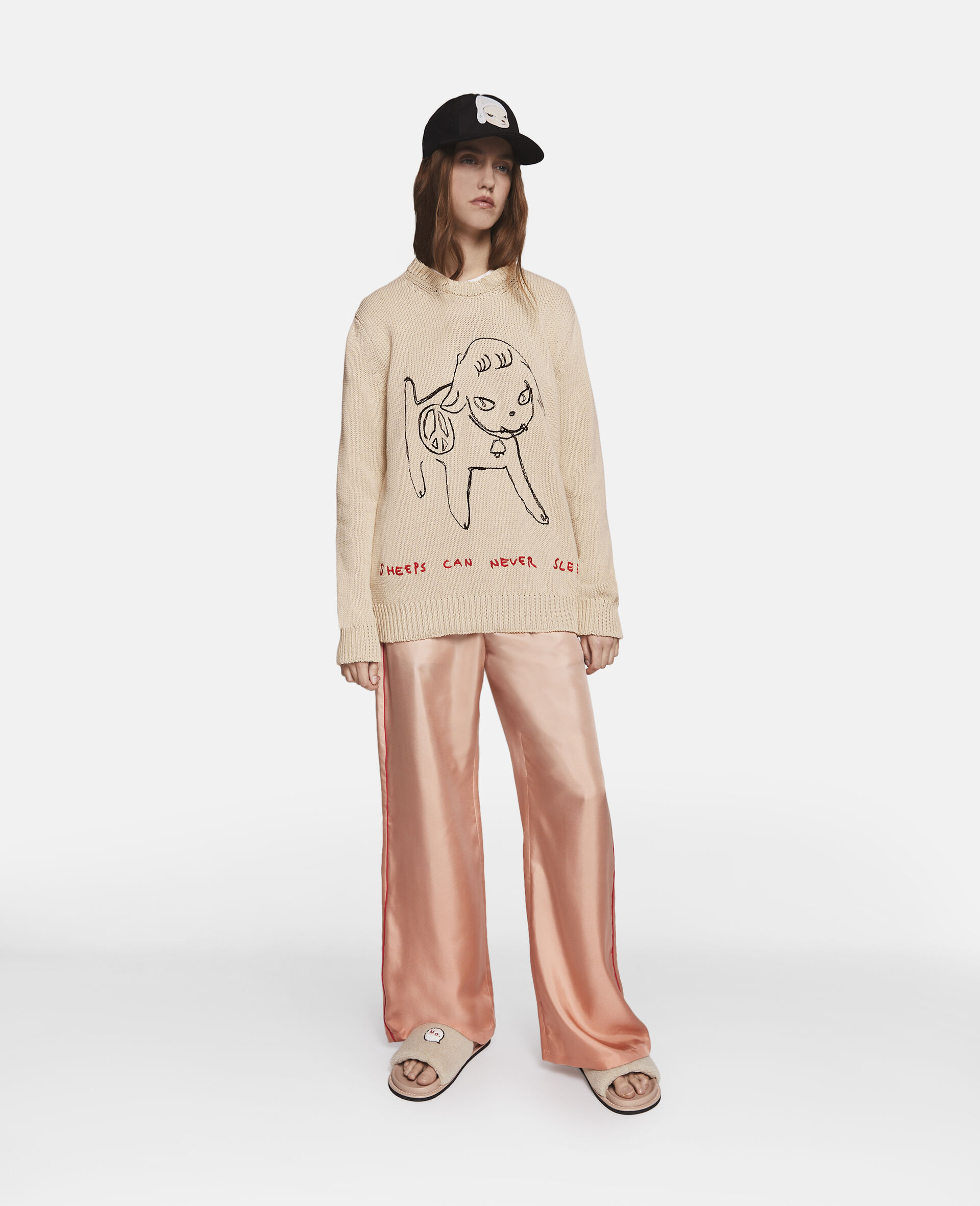 Sheep Embroidery Cotton Sweatshirt-Beige-large image number 1