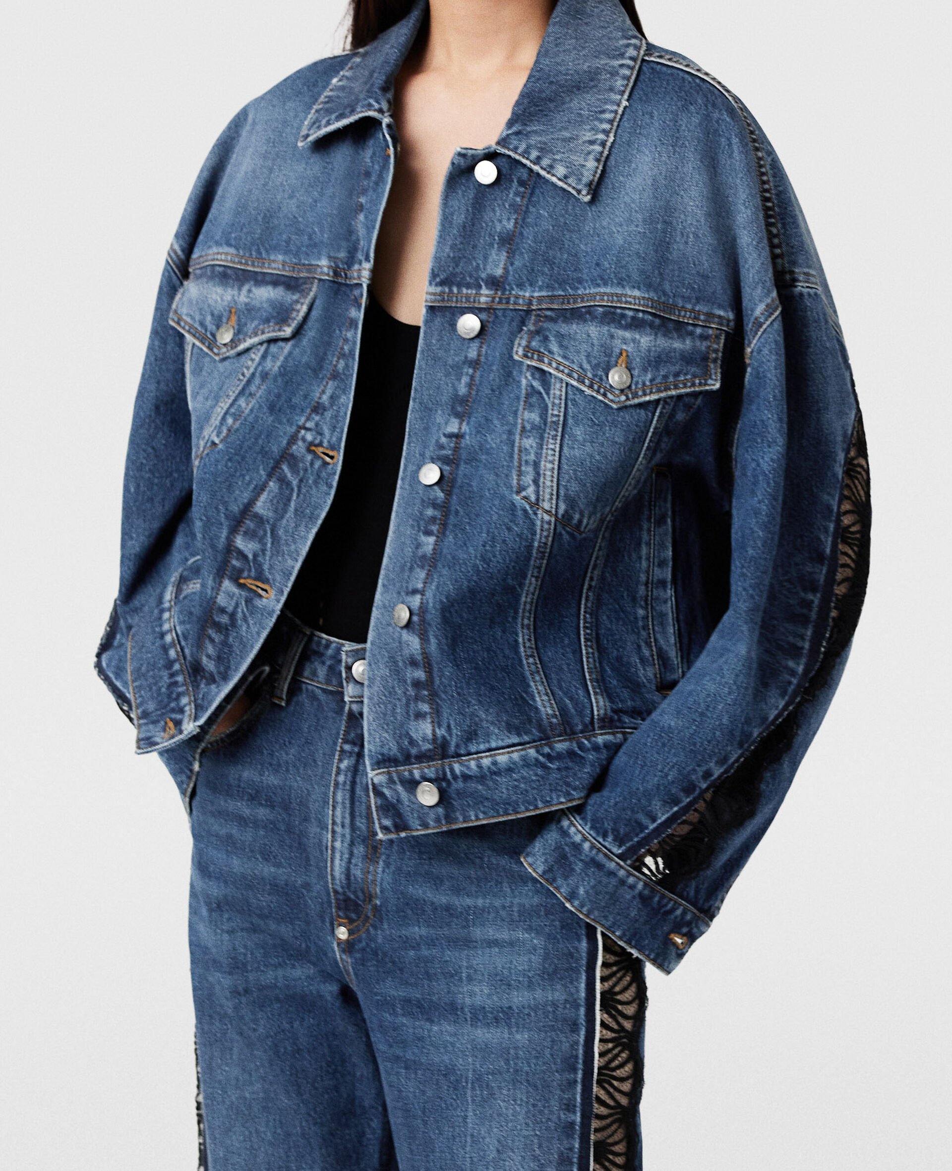Lace-Insert Denim Jacket-Blue-model