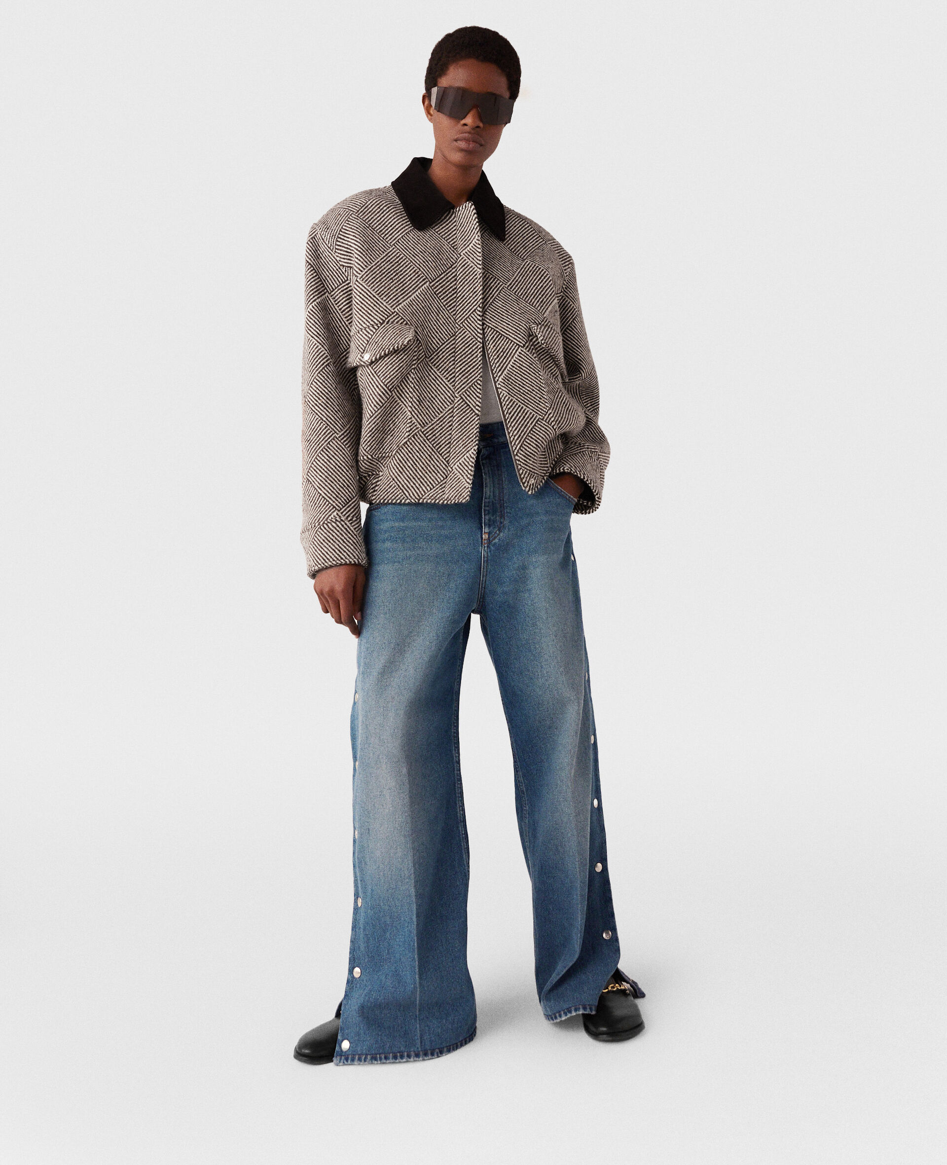 Oversized Tweed Bomber Jacket-Beige-large image number 5