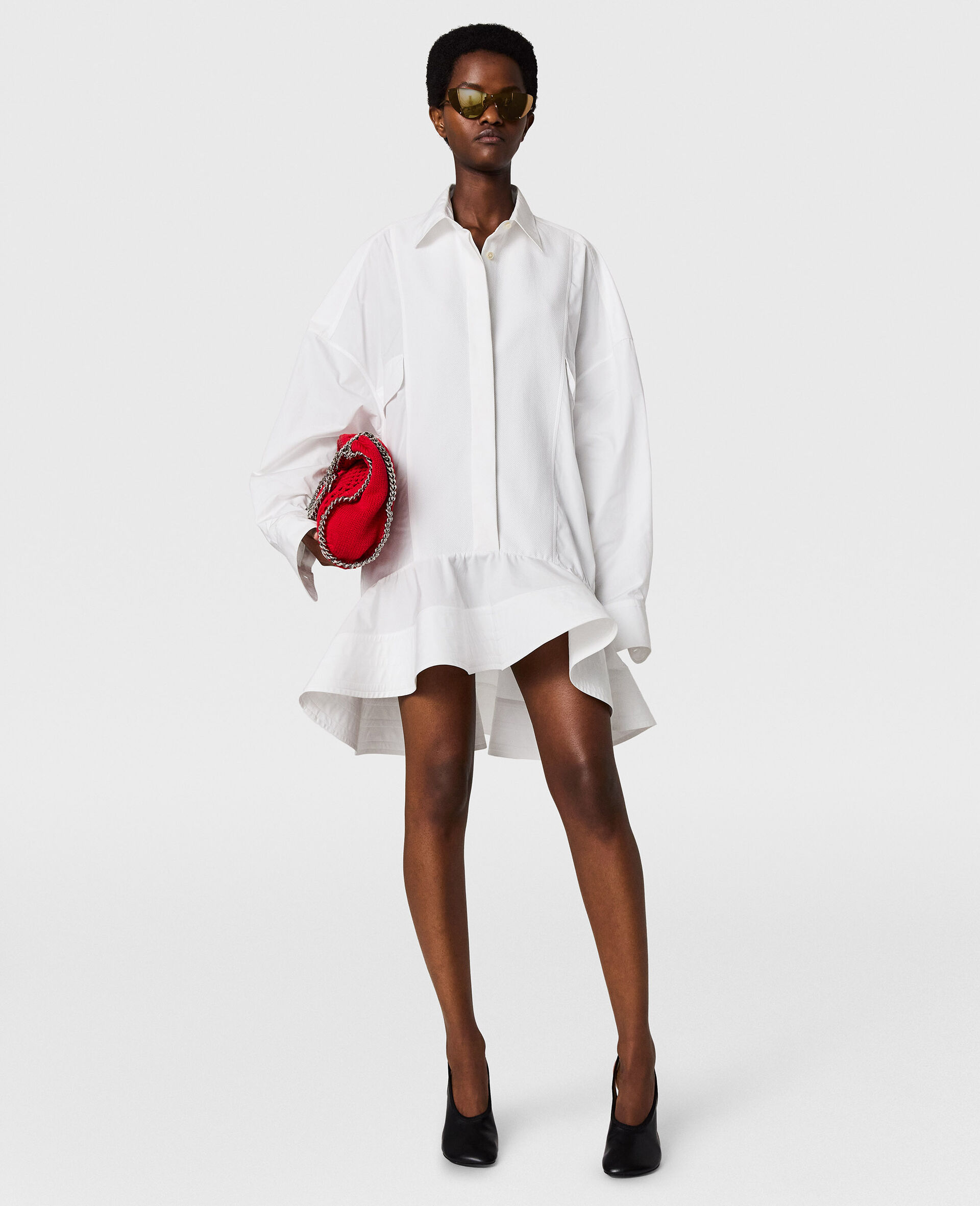 Poplin Peplum Piqu&eacute; Shirt Dress-White-large image number 5