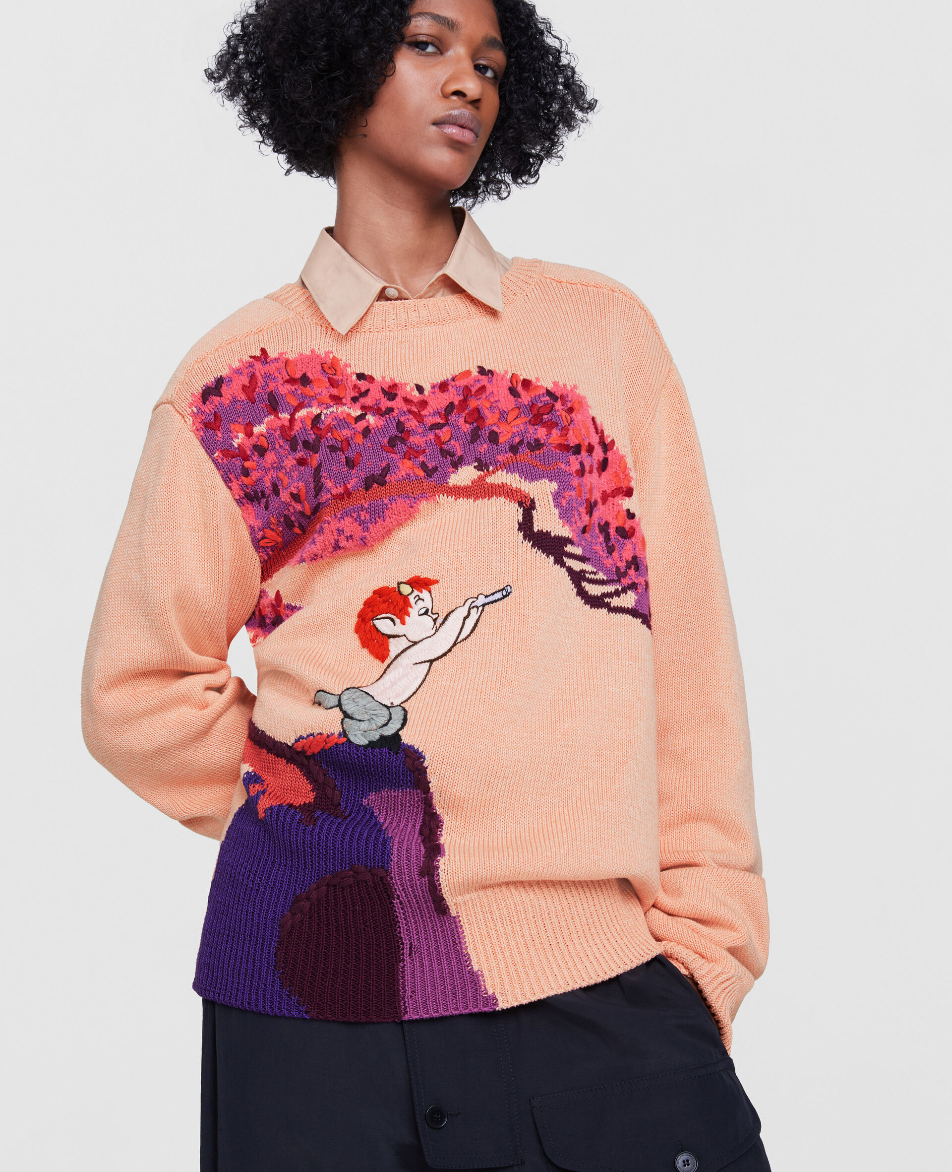 Fantasia Landscape Intarsia Knit Sweater-Orange-large image number 5