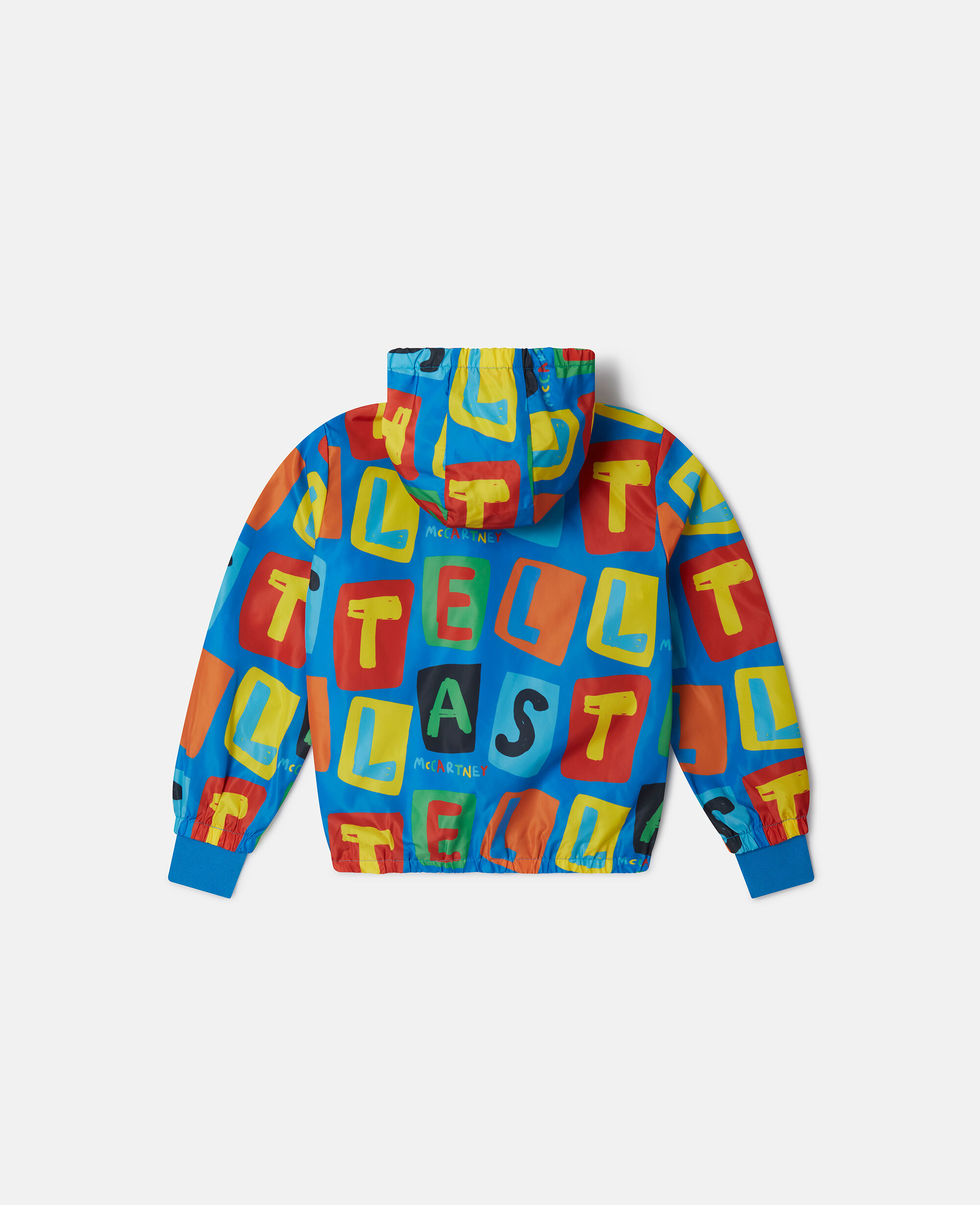 Women Blue Multicolour Letter Blocks Print Hooded Jacket
