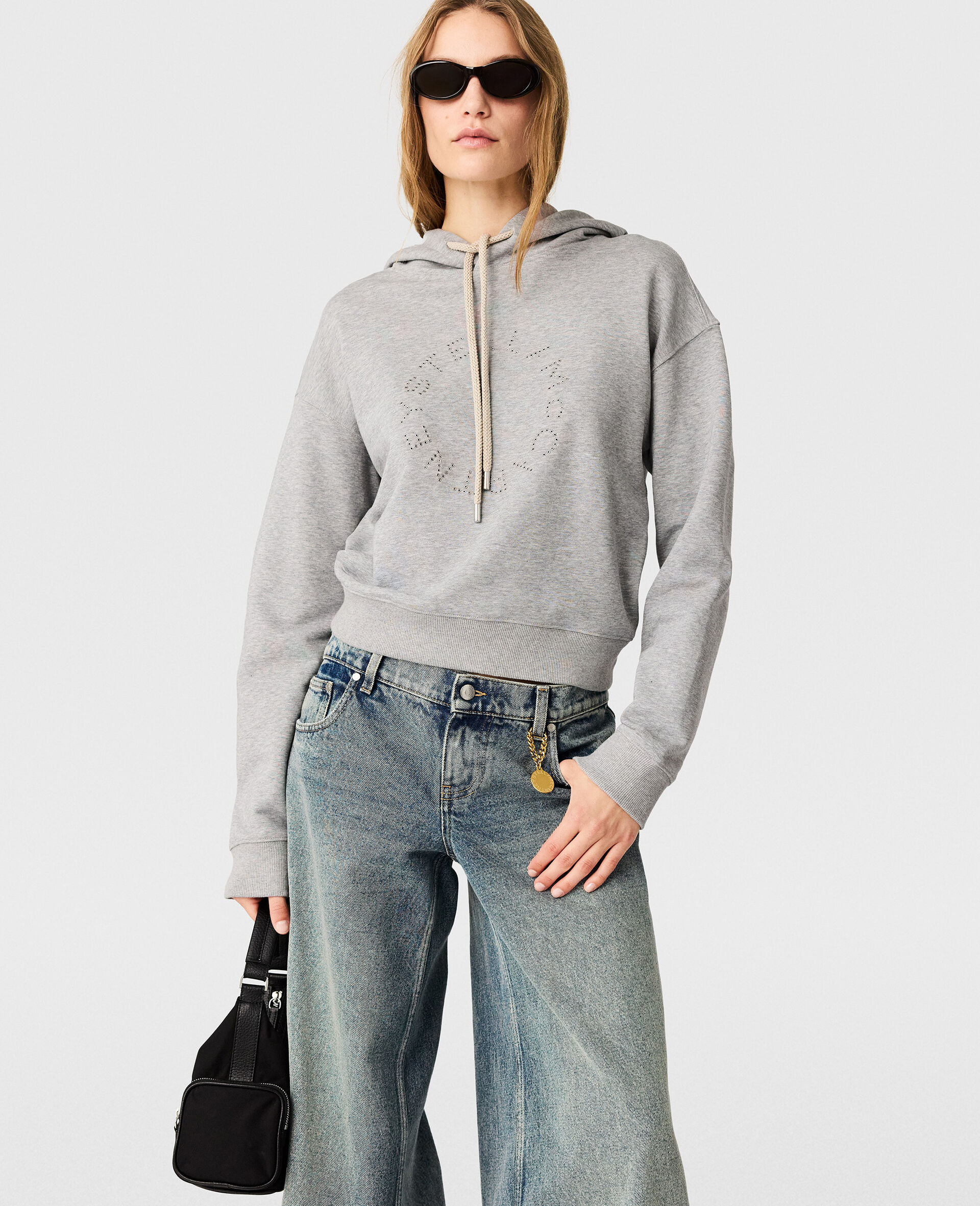 Logo-Embroidered Cropped Hoodie-Grey-large image number 3