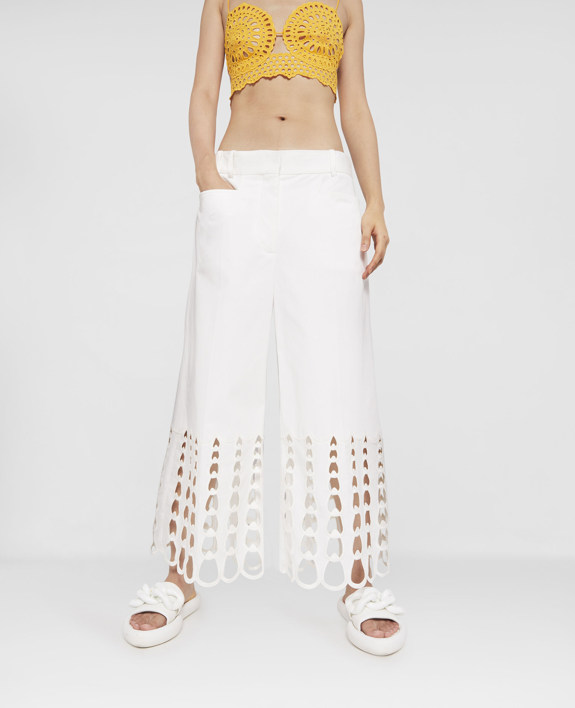 Polished Cotton Crochet Embroidery Trousers-White-large image number 3