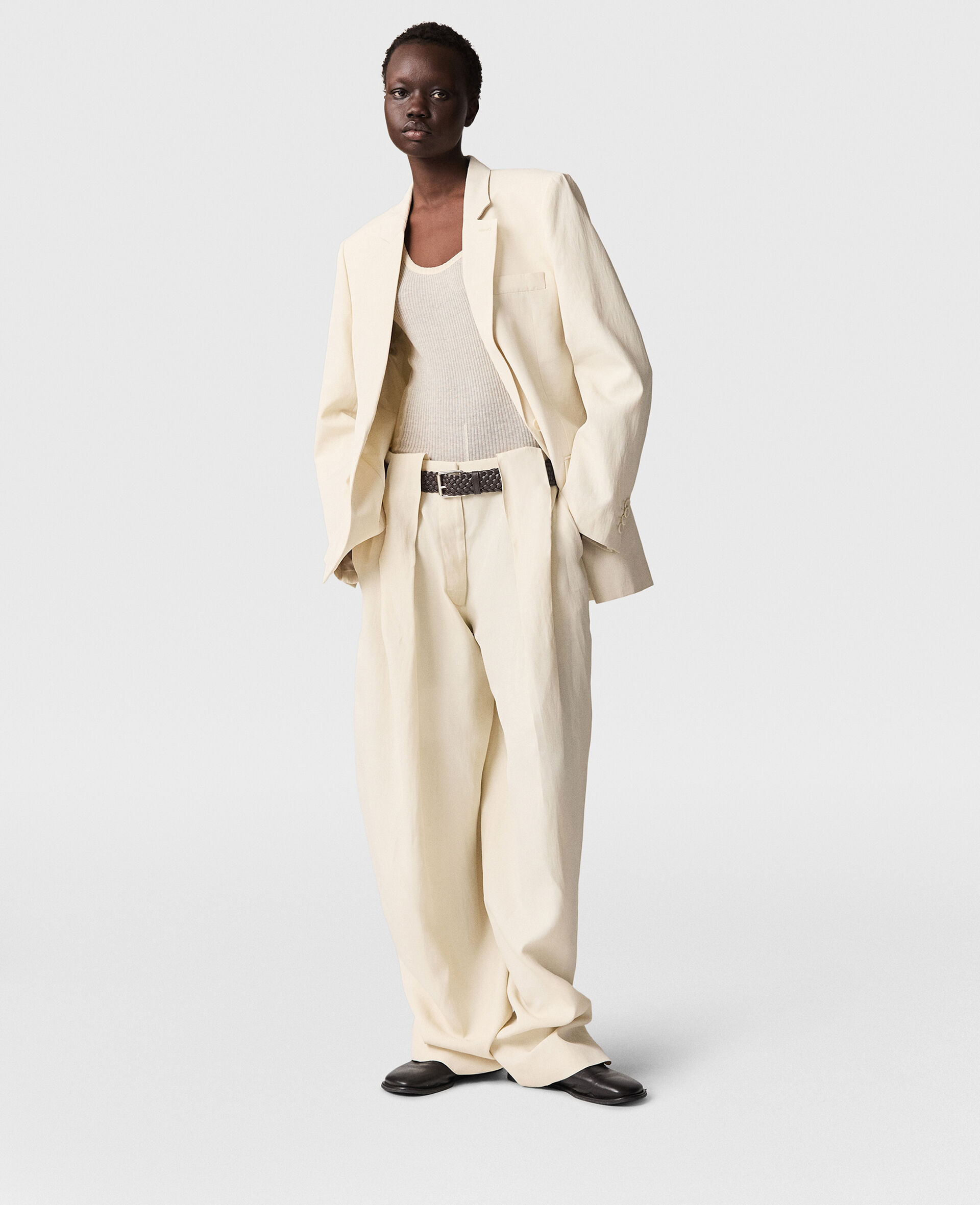 Slouchy Panelled Trousers-Beige-model