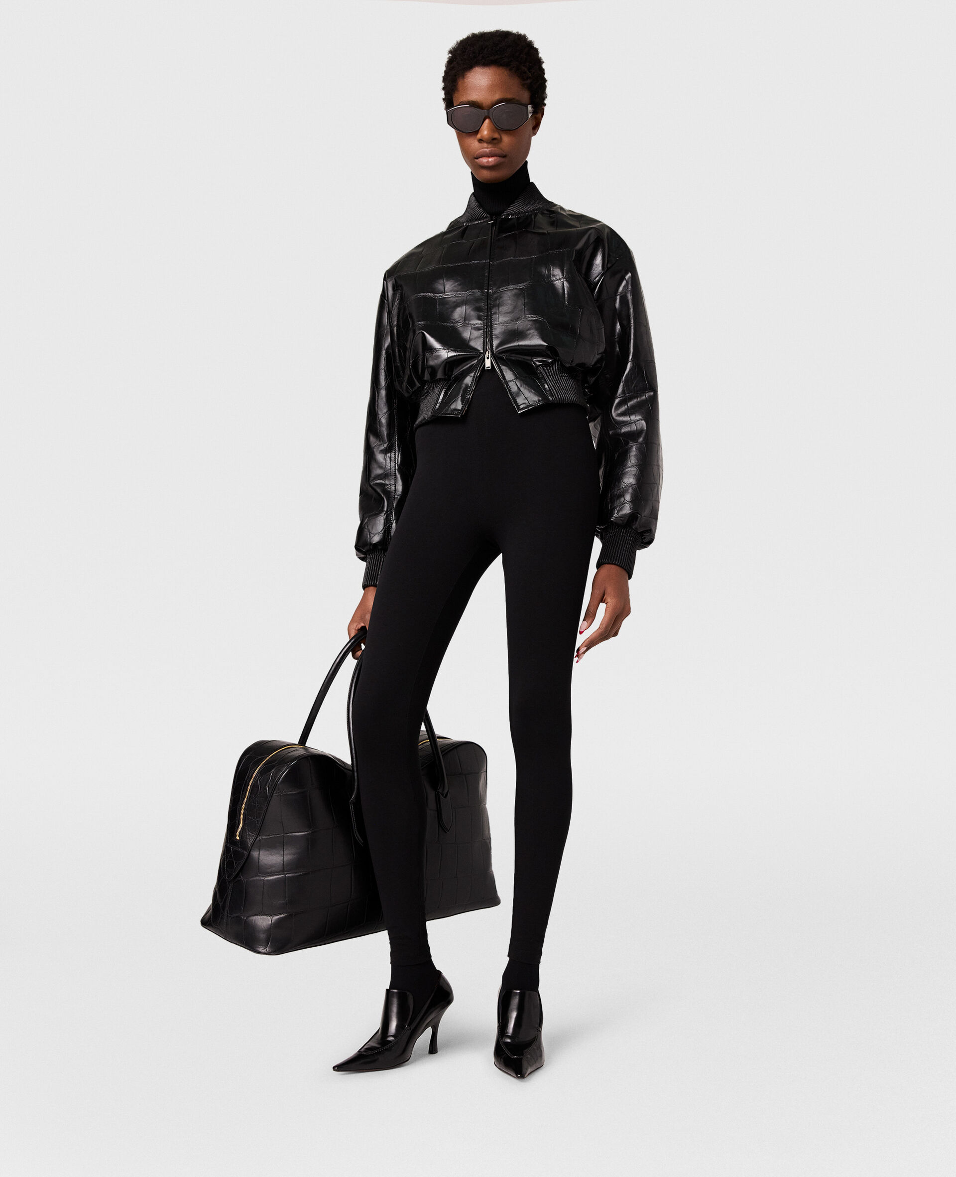 Crocodile-Embossed Cropped Bomber Jacket-Black-large image number 4