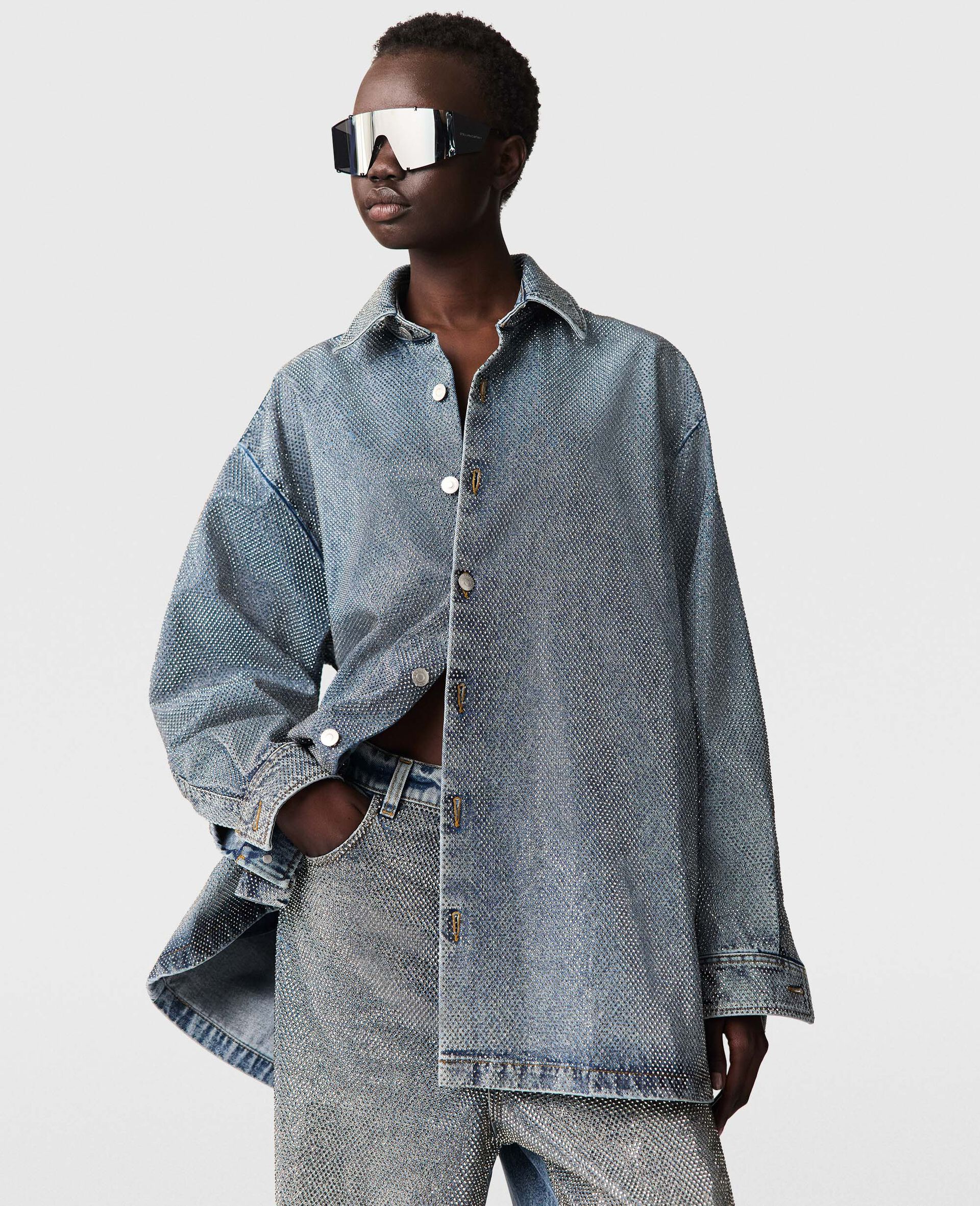 Oversized Crystal-Embellished Denim Shirt-Silver-large image number 1