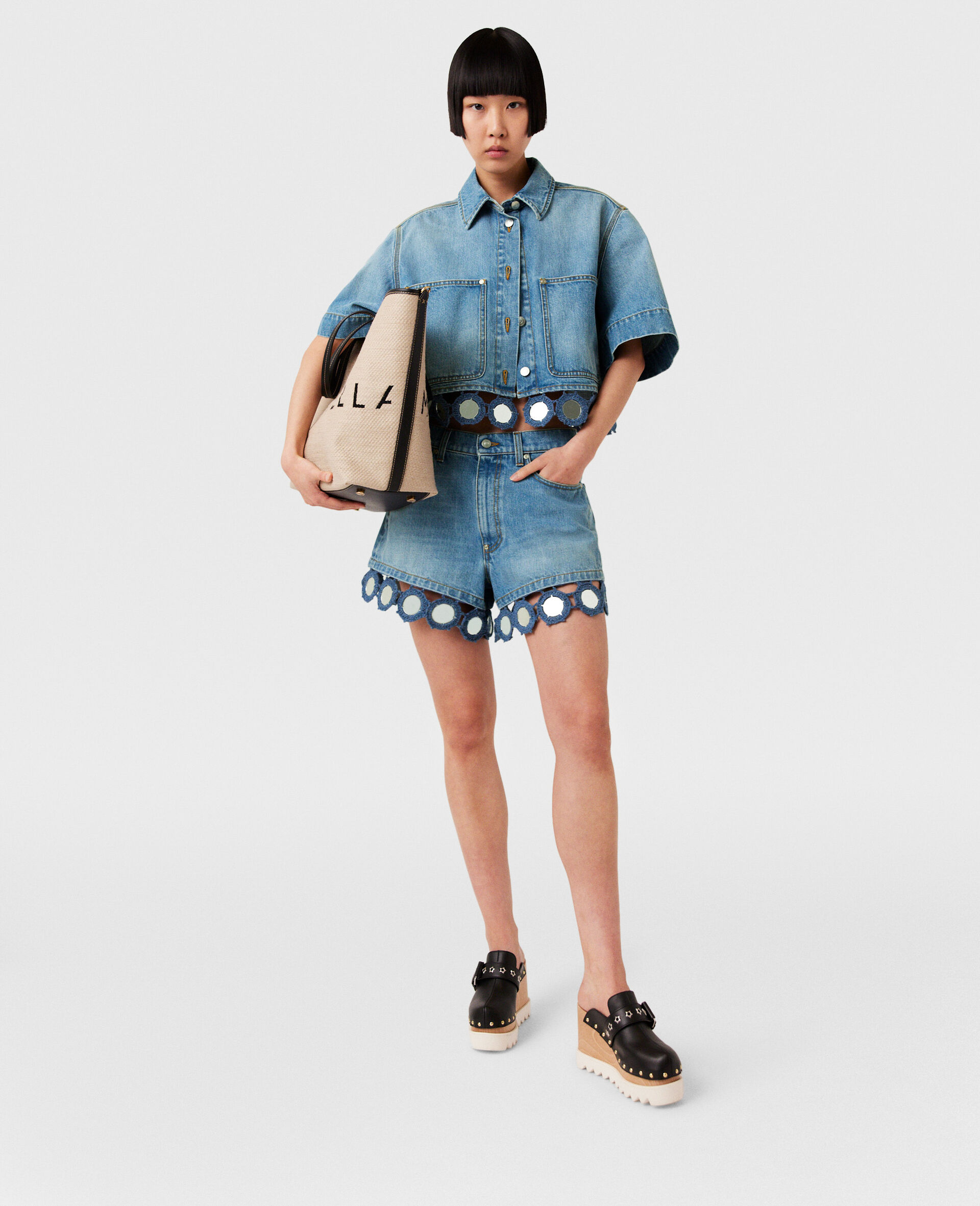 Mirror Crochet Boxy Shirt-Blue-large image number 5