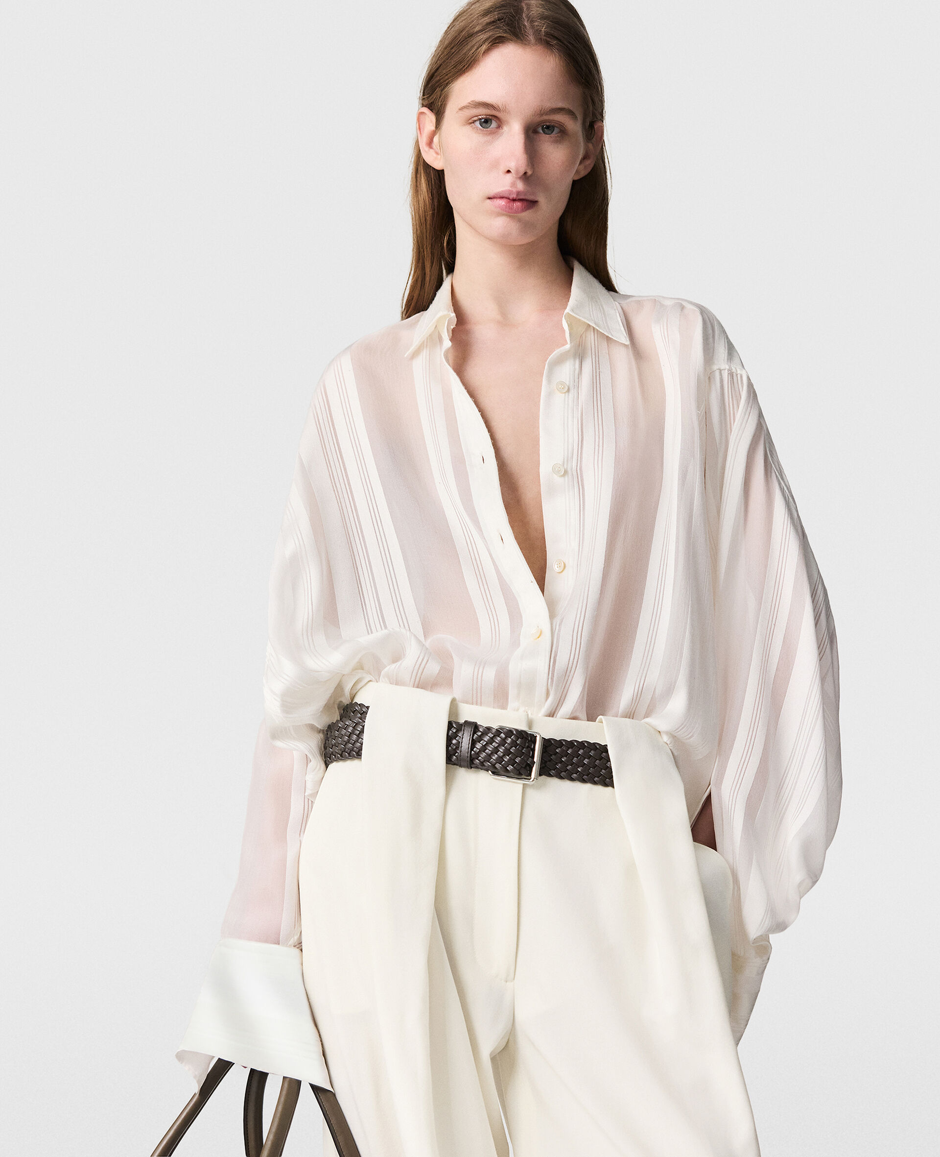 Oversized Sheer Striped Paneled Shirt-White-model